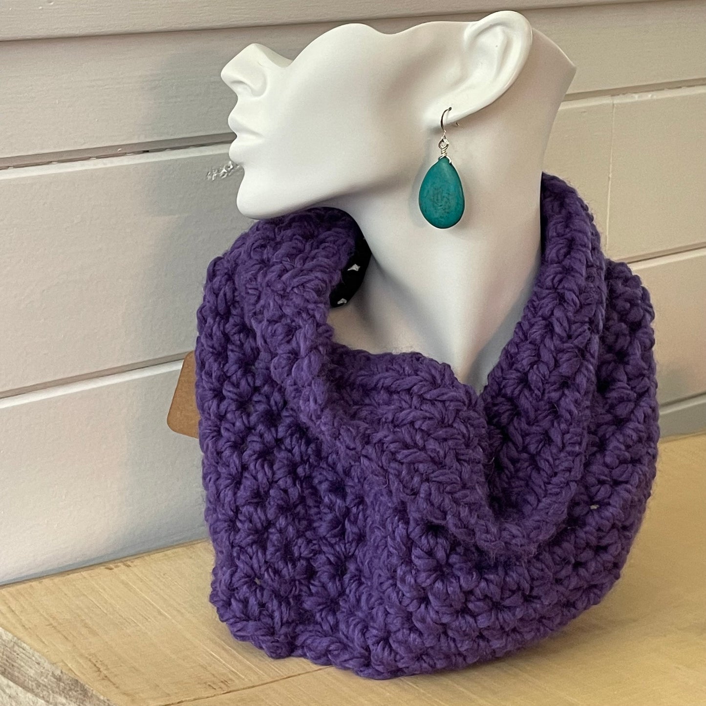 Extra Warm Hand Crocheted Purple Cowl Scarf 11" Wool Acrylic Blend Unisex Men's Women's Knit Accessory--view of scarf displayed on a solid white bust