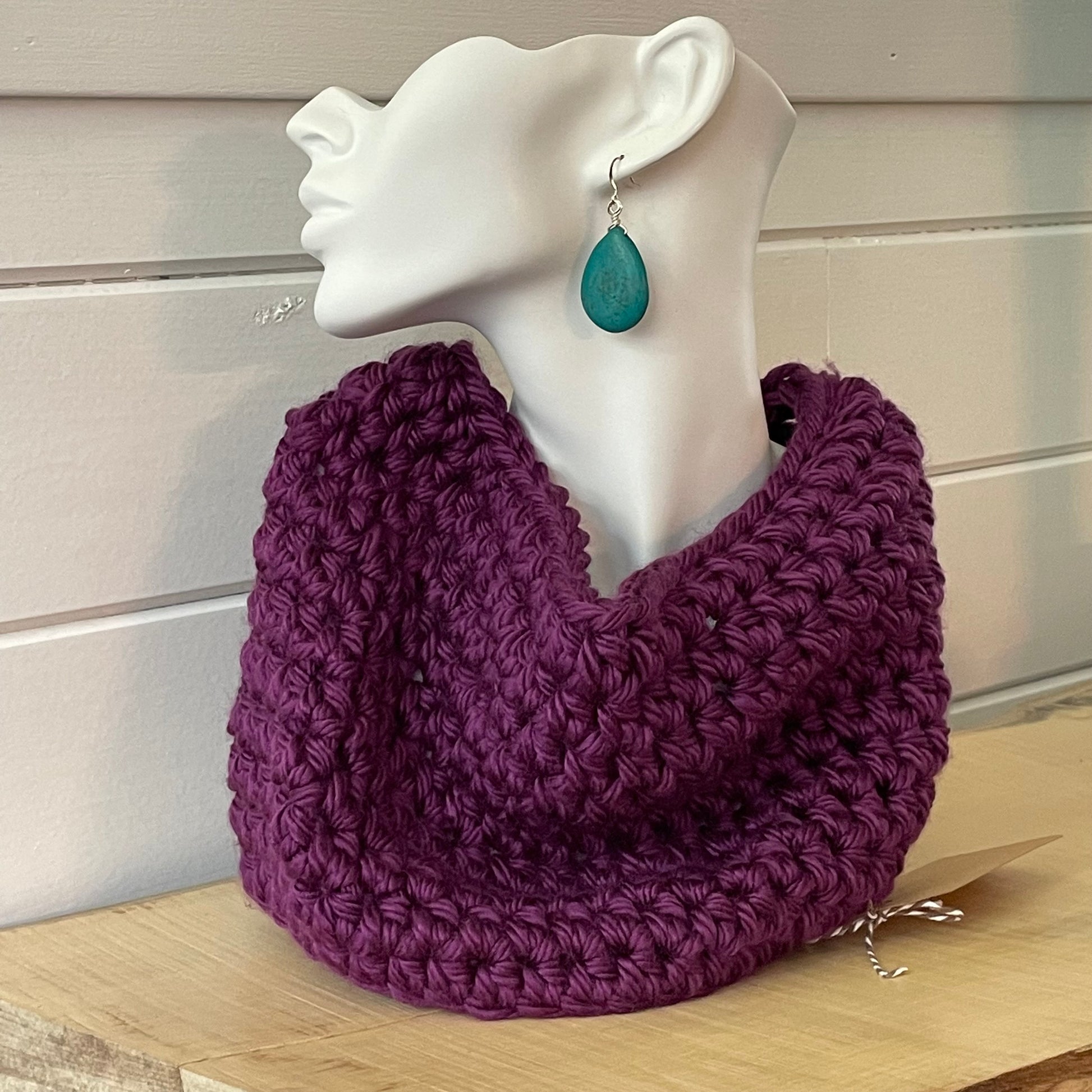 Hand Crocheted Deep Plum Cowl Scarf 11" Unisex Men's Women's Knit Accessory Infinity Scarves Outdoor Fall Winter