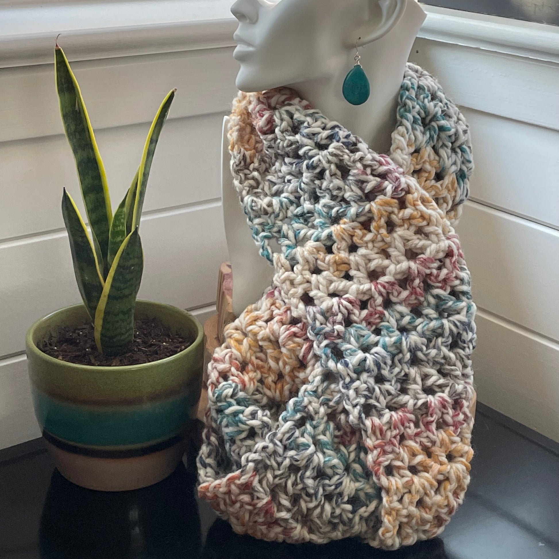 Extra Warm Pastel Rainbow Marble Infinity Scarf 22" Wool Acrylic Blend Multicolor Hand Crochet Unisex Fall Winter Chunky--on mannequin, wrapped closely around neck
