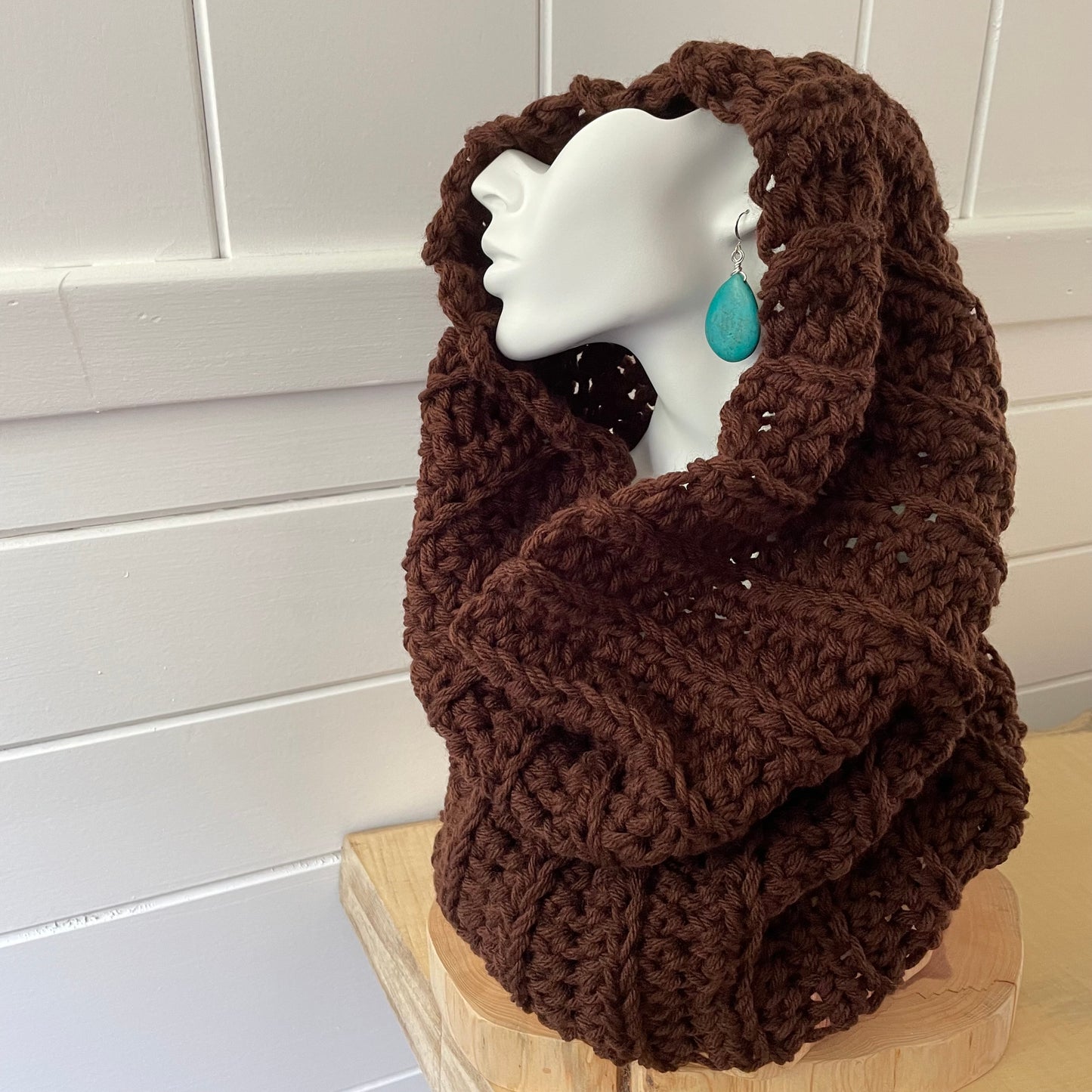 Chocolate Brown Cowl Scarf Hand Crochet Knit Winter Fall Men Women Unisex Retro Vintage Style