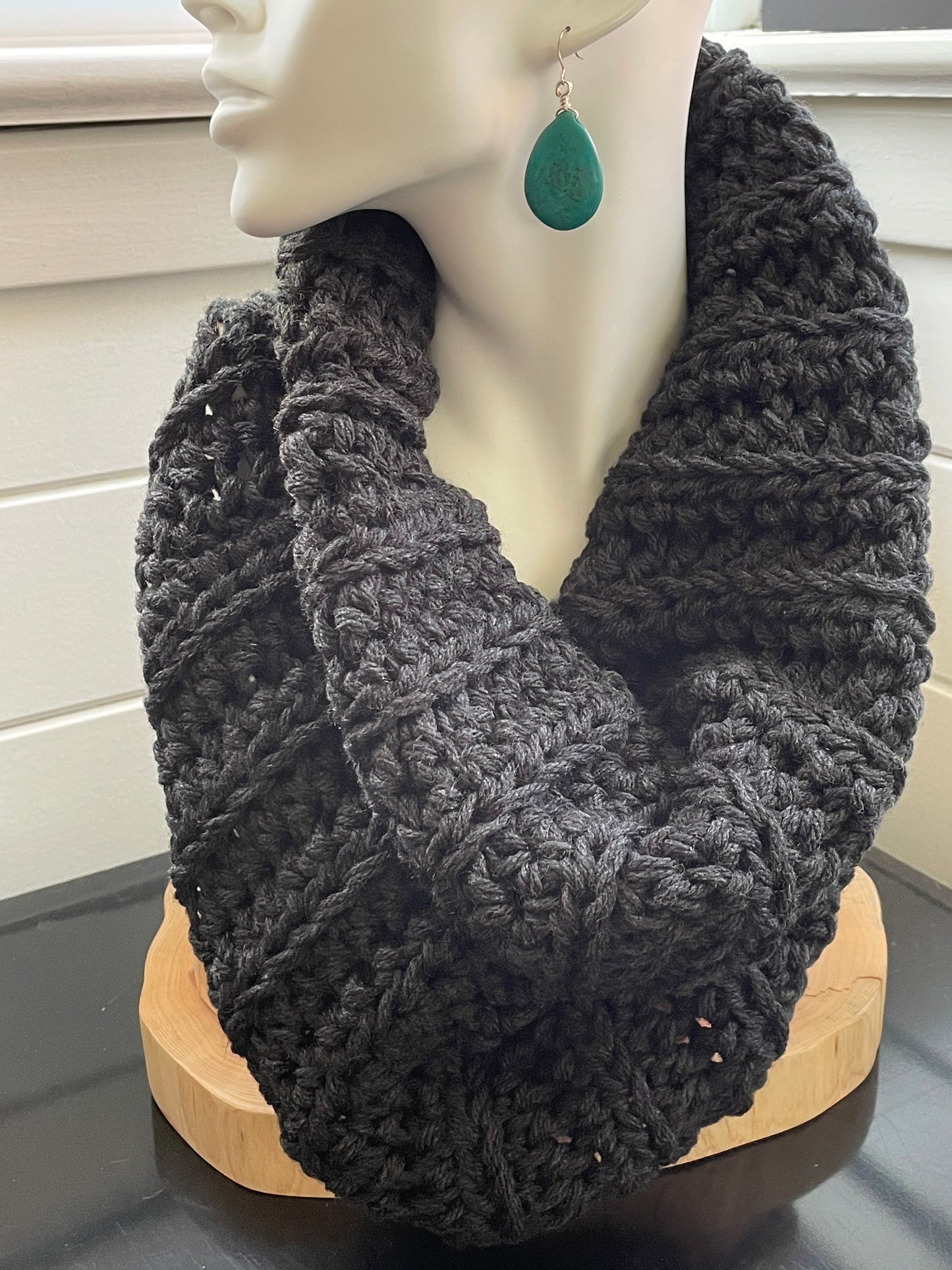 Charcoal Slate Grey Cowl Scarf Hand Crochet Knit Winter Fall Men Women Unisex Retro Vintage Style