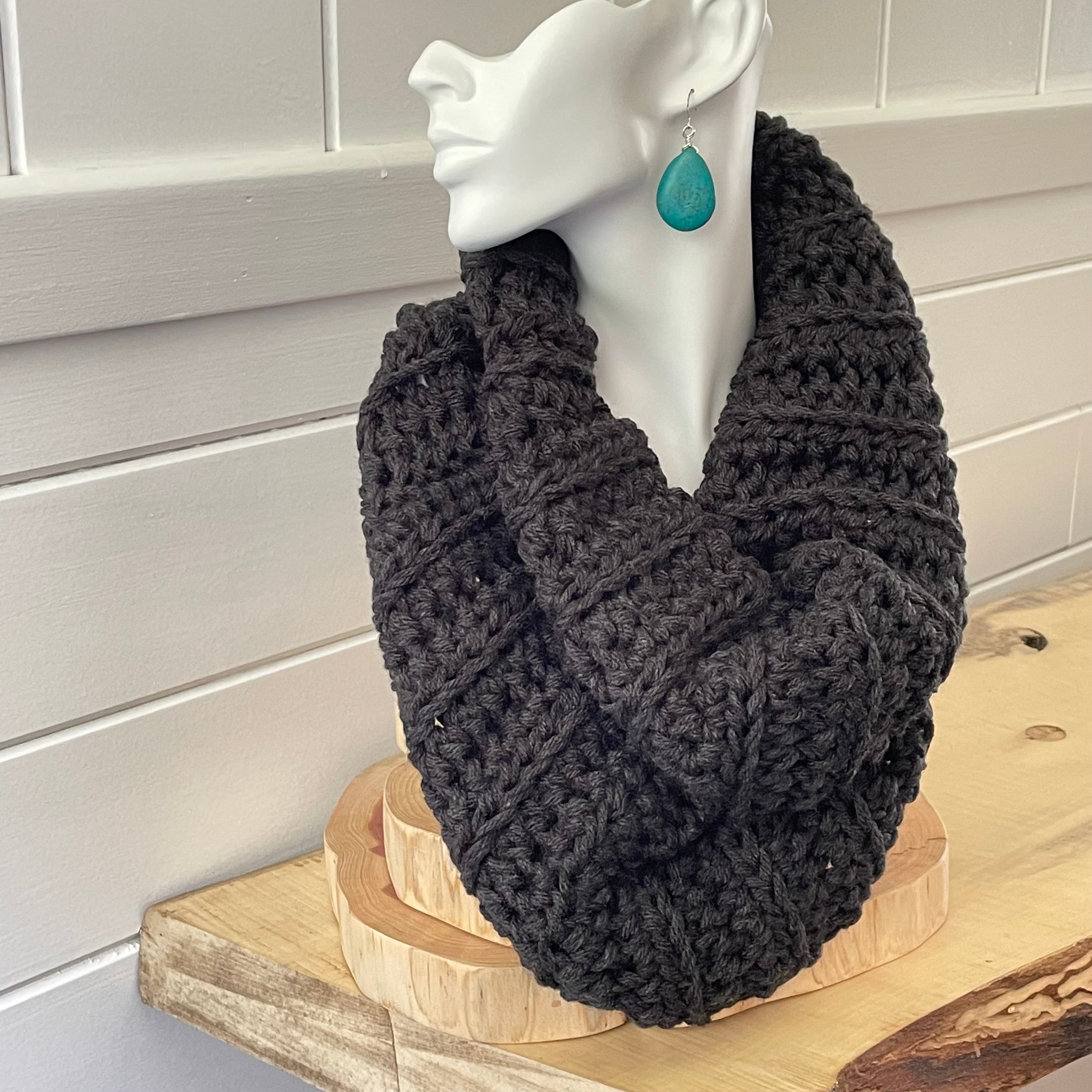 Charcoal Slate Grey Cowl Scarf Hand Crochet Knit Winter Fall Men Women Unisex Retro Vintage Style