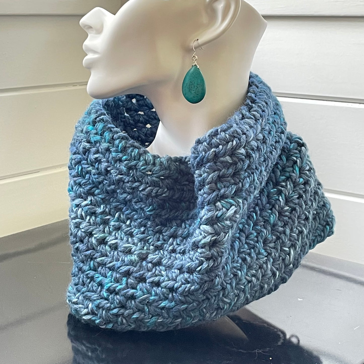 Blue & Teal Marbled Cowl Infinity Scarf Wool Blend Hand Crochet Knit Winter Fall Unisex Men Women Retro Vintage Style displayed on a mannequin