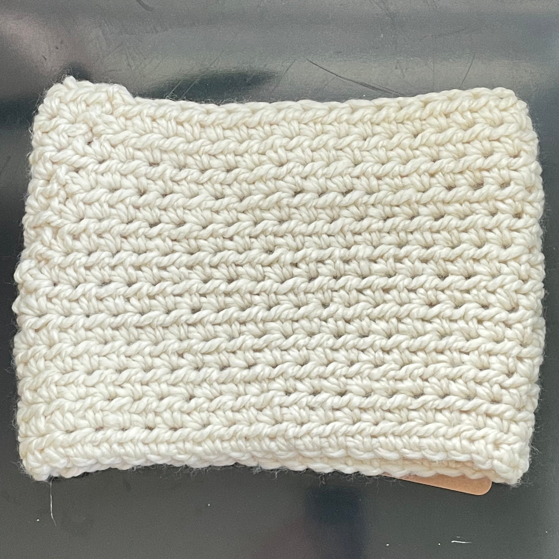Ivory Cream Marbled Cowl Infinity Scarf Wool Blend Hand Crochet Knit Winter Fall Unisex Men Women Retro Vintage Style displayed flat on gray background