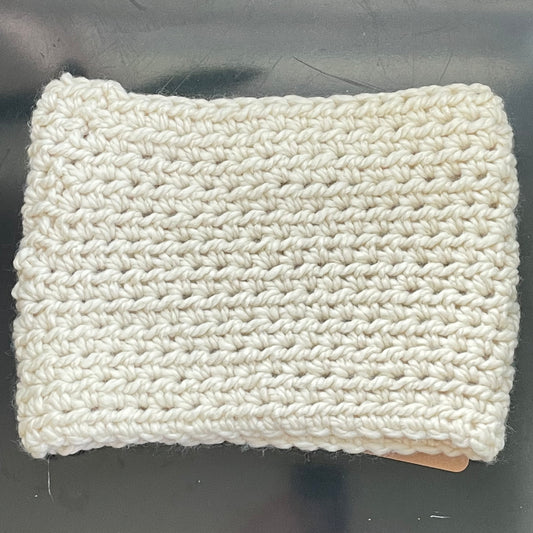Ivory Cream Marbled Cowl Infinity Scarf Wool Blend Hand Crochet Knit Winter Fall Unisex Men Women Retro Vintage Style displayed flat on gray background