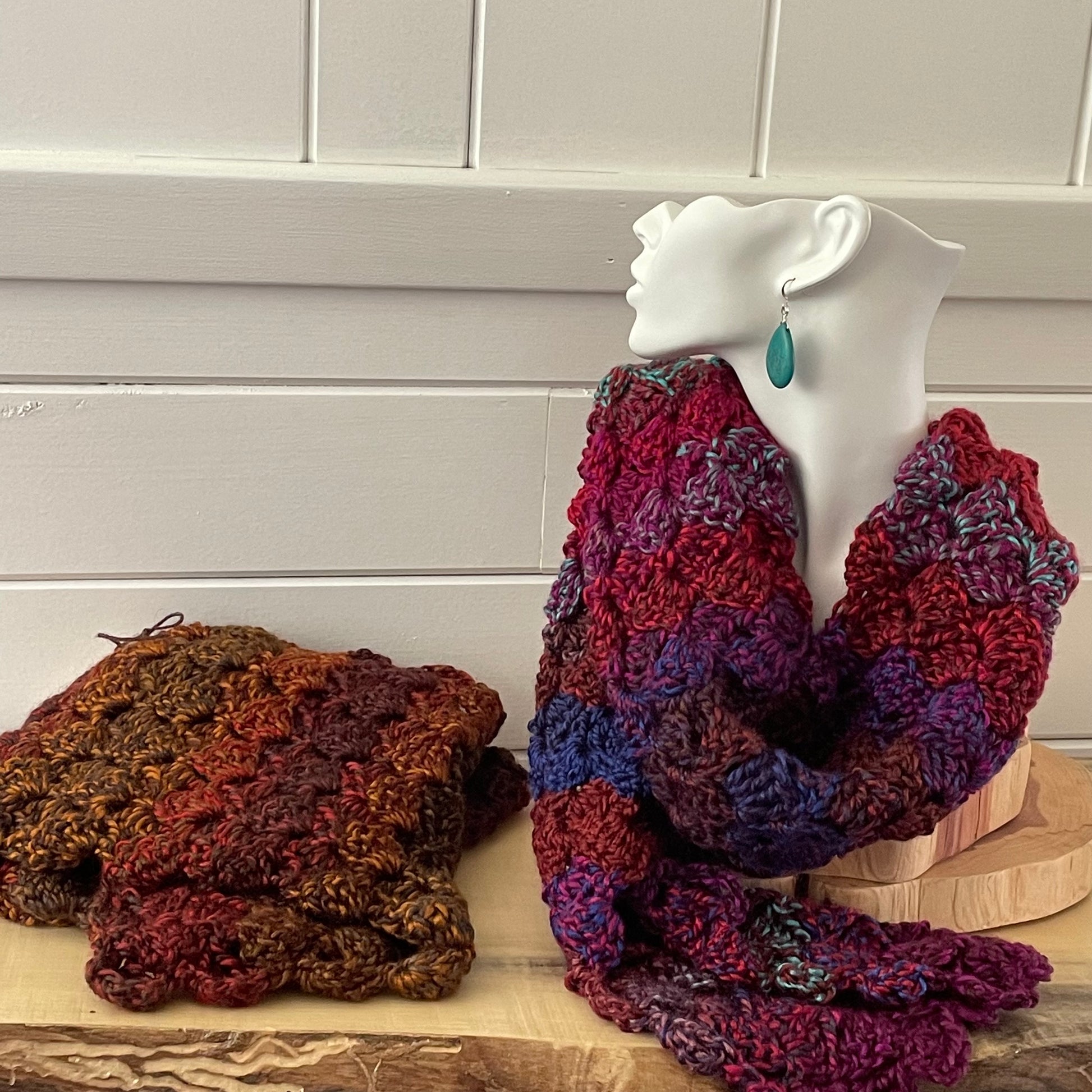 Extra Soft Marbled Gemstone Long Scarf Hand Crochet Knit Unisex Men Women Retro Vintage Style Red Pink Blue Purple displayed next to a similar scarf in another color (also available in a separate lsiting)