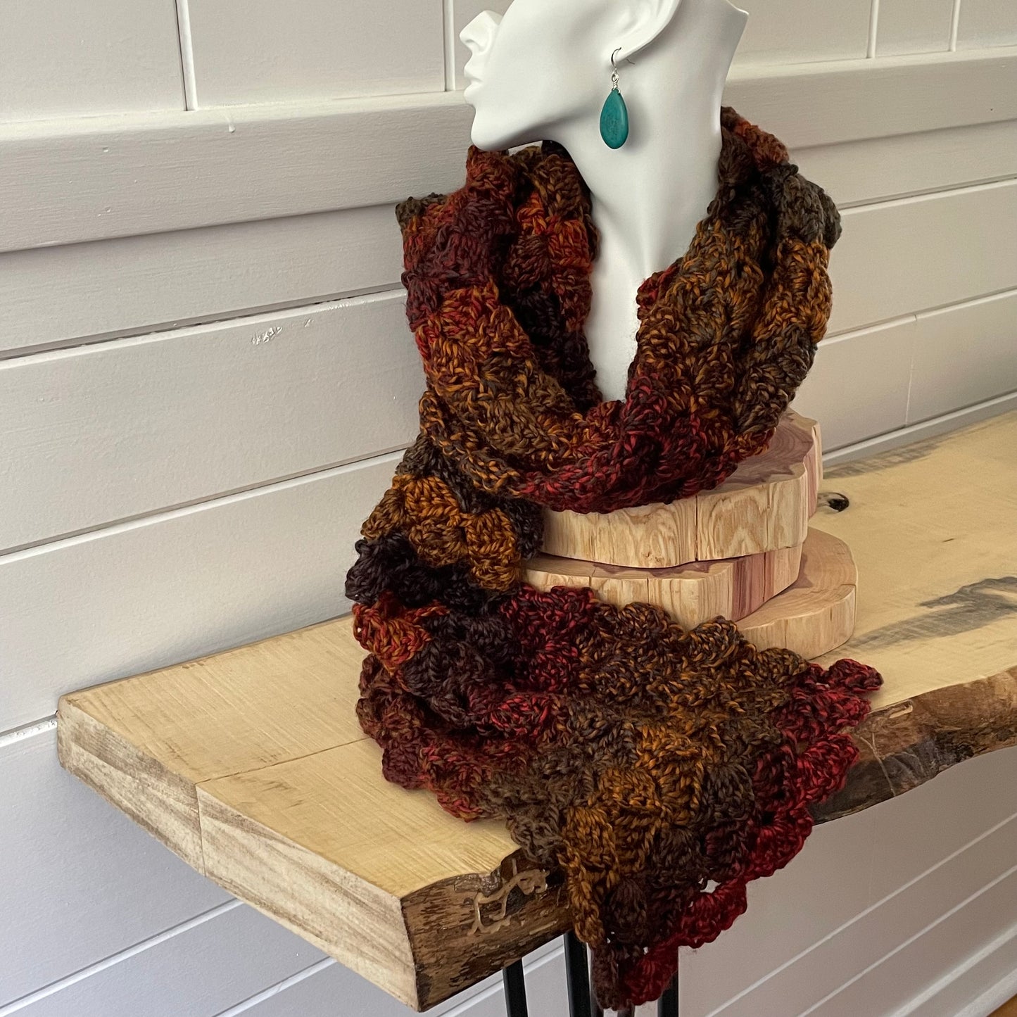 Extra Soft Autumn Marble Long Scarf Hand Crochet Knit Unisex Men Women Retro Vintage Style Red Orange Brown Copper