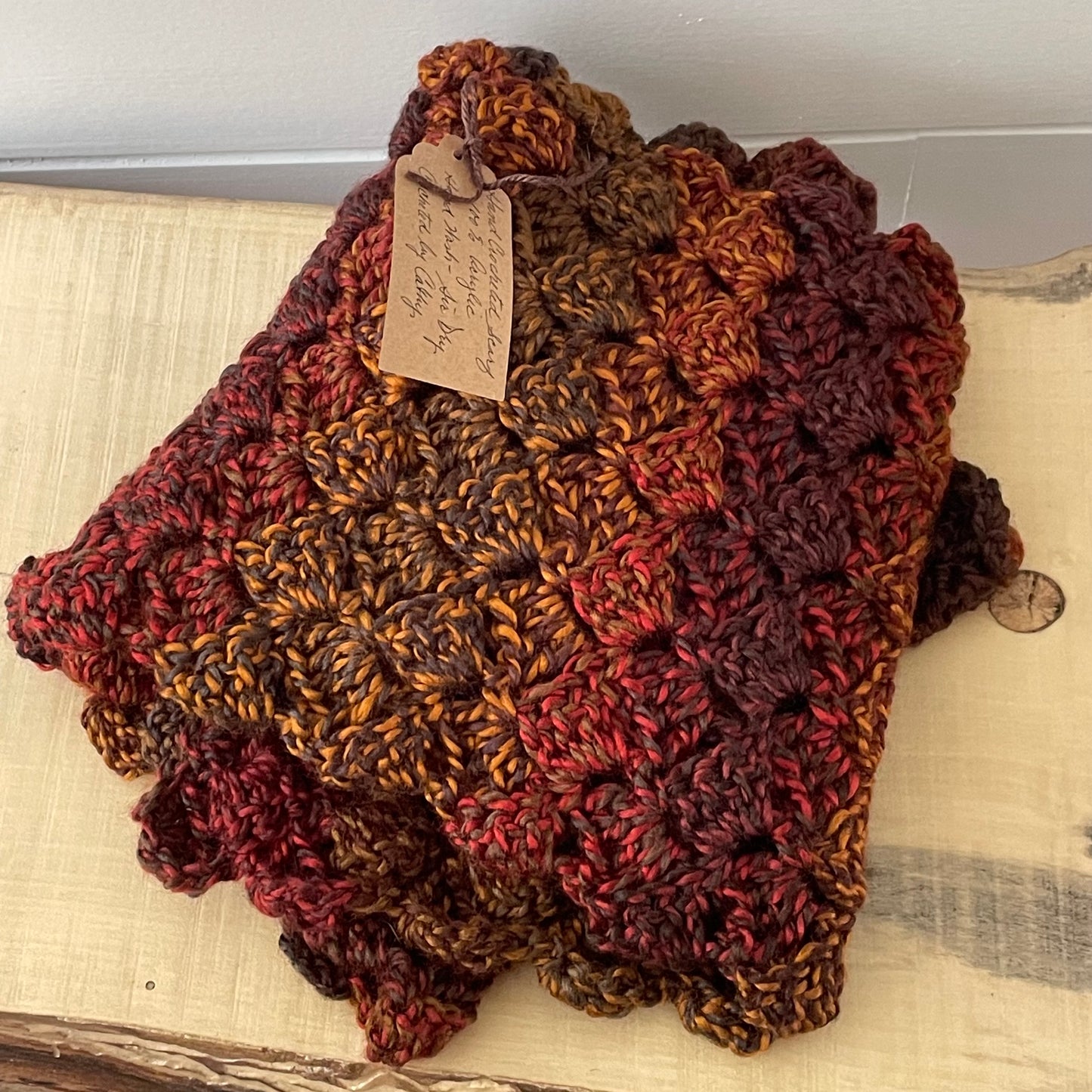 Extra Soft Autumn Marble Long Scarf Hand Crochet Knit Unisex Men Women Retro Vintage Style Red Orange Brown Copper