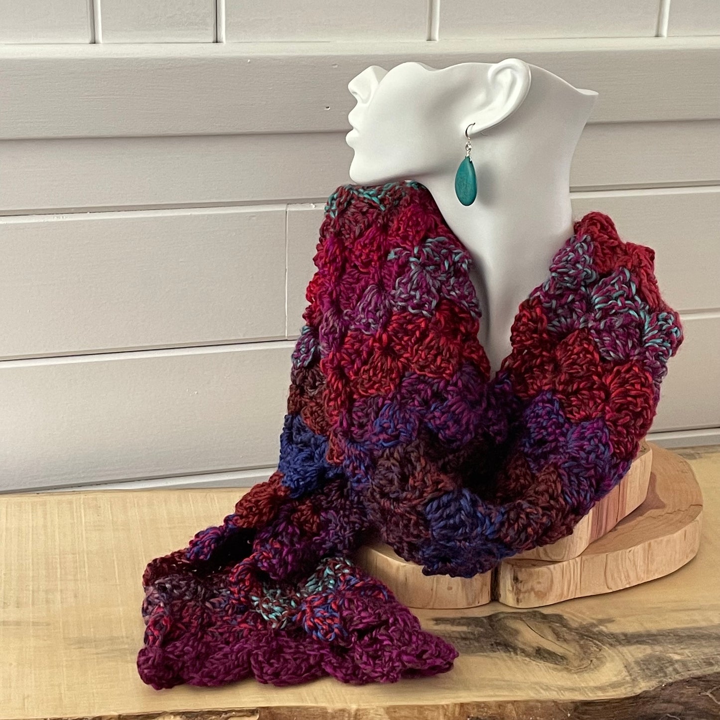 Extra Soft Marbled Gemstone Long Scarf Hand Crochet Knit Unisex Men Women Retro Vintage Style Red Pink Blue Purple on a white faux bust