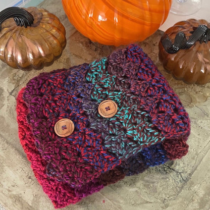 Extra Soft Marbled Gemstone Long Scarf With Buttons Hand Crochet Knit Unisex Men Women Red Blue Pink Purple--displayed folded with buttons on top