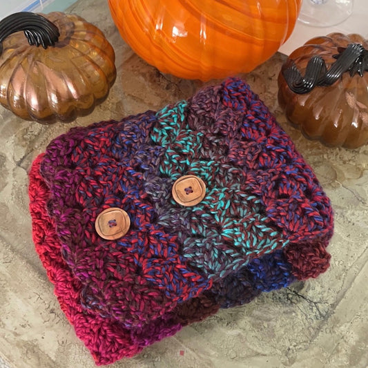 Extra Soft Marbled Gemstone Long Scarf With Buttons Hand Crochet Knit Unisex Men Women Red Blue Pink Purple--displayed folded with buttons on top