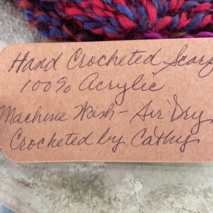close up of tag--% acrylic, machine washable/air dry, crocheted by Cathy