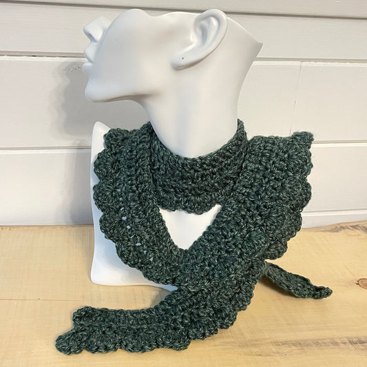Narrow Scalloped Wrap Scarf Marbled Evergreen Crochet Knit Handmade Fall Winter--mannequin view