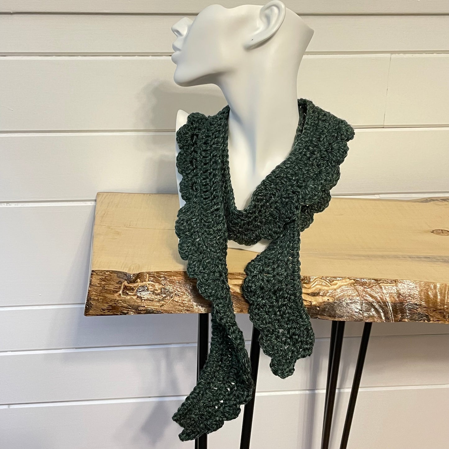 Narrow Scalloped Wrap Scarf Marbled Evergreen Crochet Knit Handmade Fall Winter