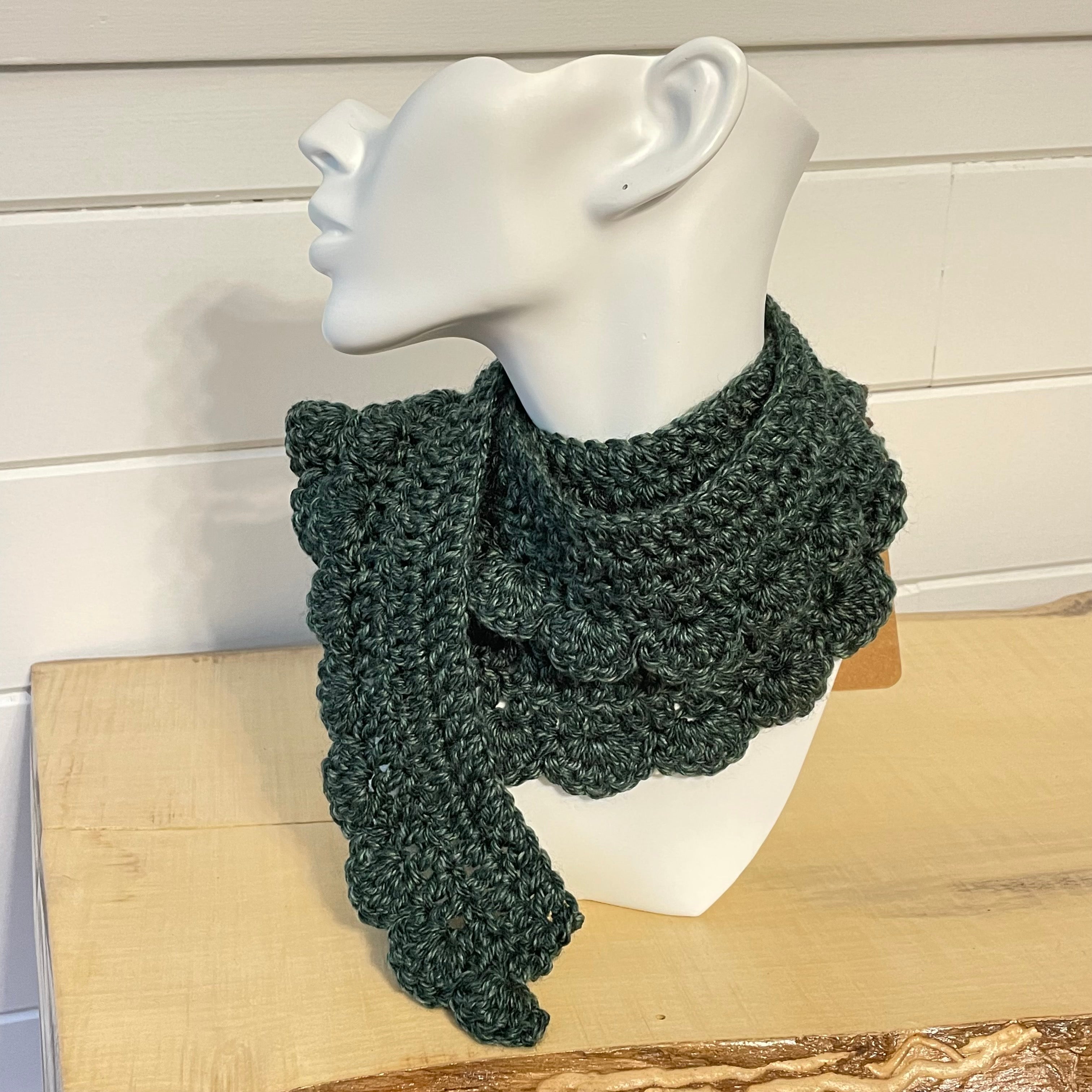 Narrow Scalloped Wrap Scarf Marbled Evergreen Crochet Knit Handmade Fall Winter--styled in a multiple wrap