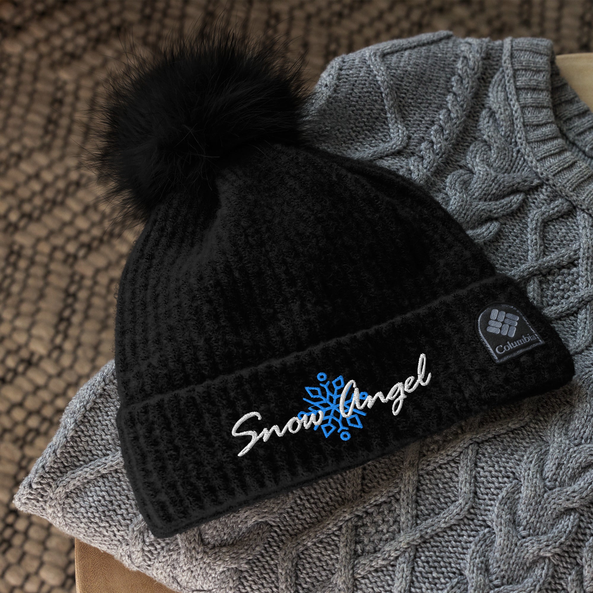 Snow Angel | Beanie Columbia Pom-Pom Knit Microfleece Lined Snowflake Double Layer Women's Men's Gift Winter
