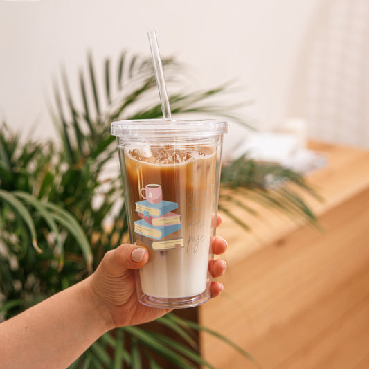 Classic Double Wall Reusable Plastic Tumbler With Straw Just One More Page Busy Moms Book Lovers BookTok Teachers Clear 16 oz Graphic