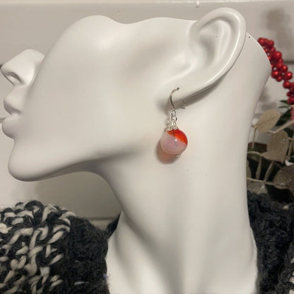 Red & White Candy Cane Swirl Blown Glass Ornament Earrings 1.5" Christmas Holiday Party Stocking Secret Santa Gift