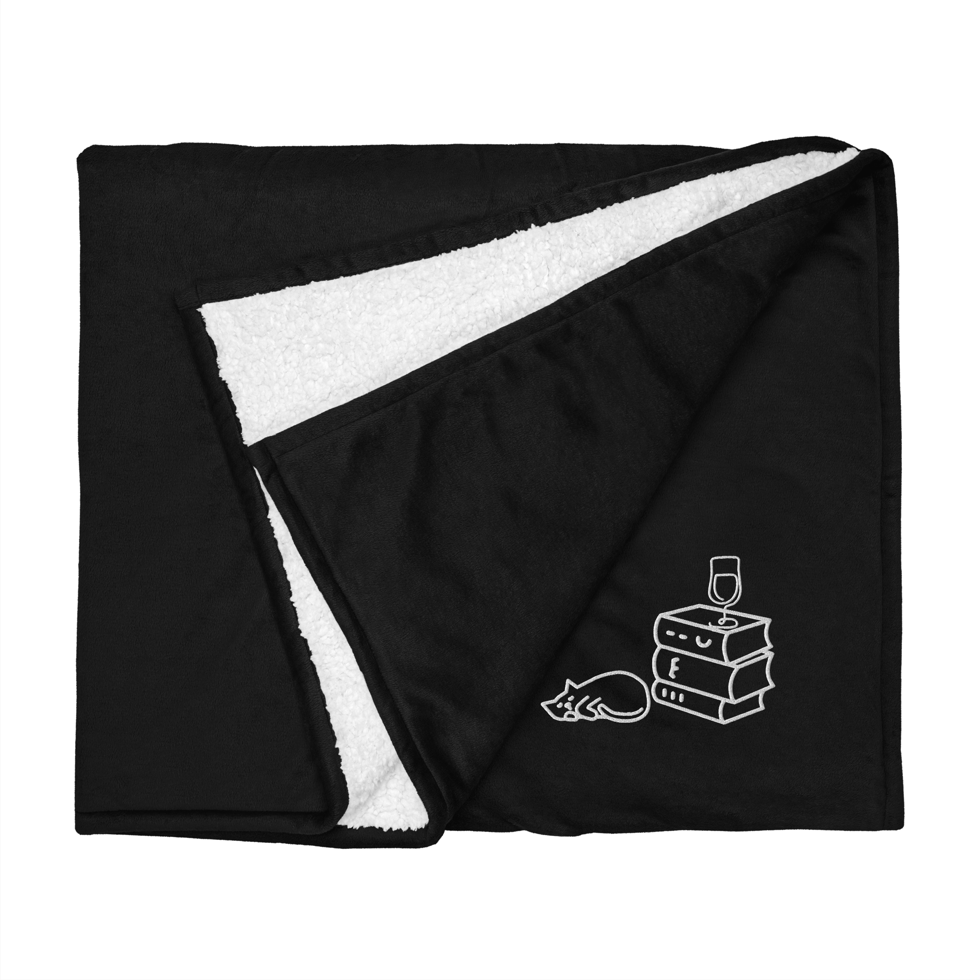 Books Wine Cats | Throw Blanket Premium Sherpa 50" x 60" Embroidered Super Soft Fuzzy Deluxe Plush Dual Sided Cozy Warm Gift Couch Bed