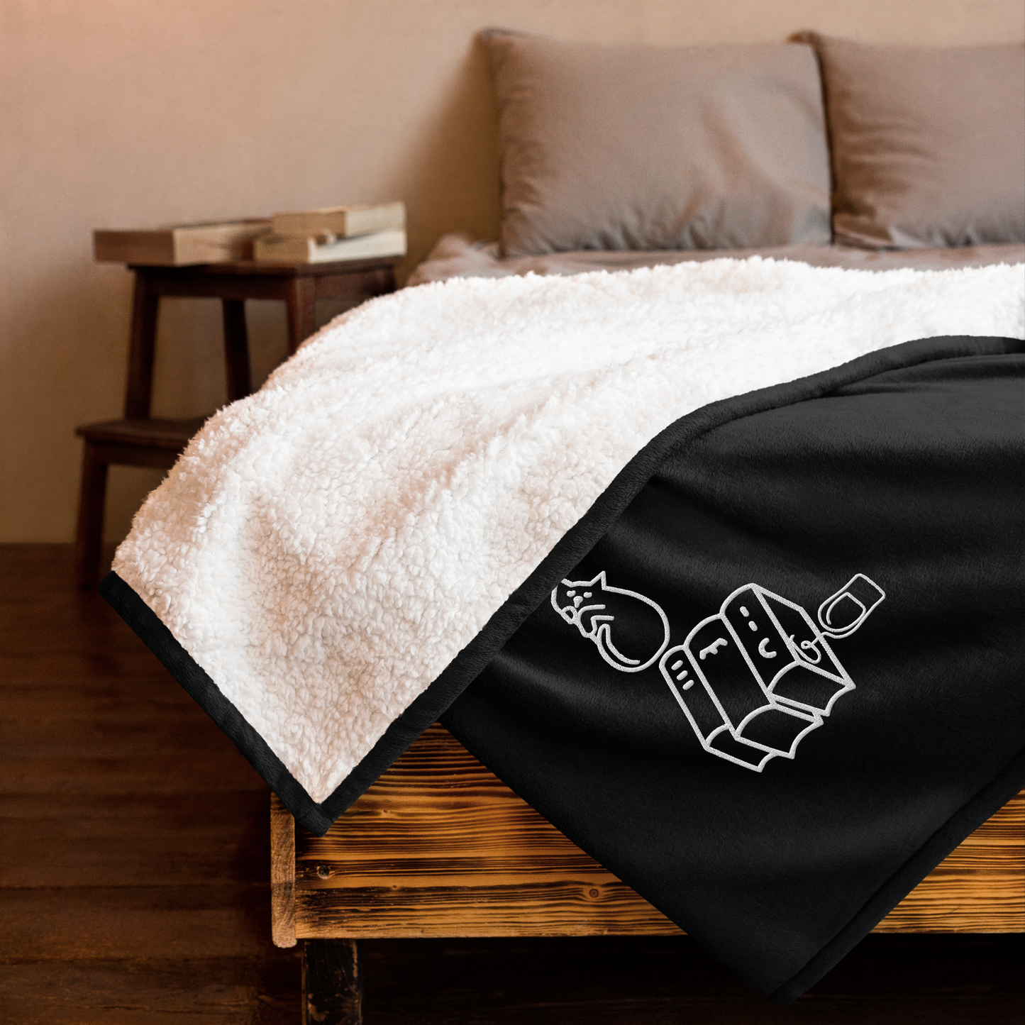 Books Cats Wine Premium Sherpa Throw Blanket 50" x 60" Embroidered Super Soft Fuzzy Deluxe Plush Dual Sided Cozy Warm Gift Couch Bed