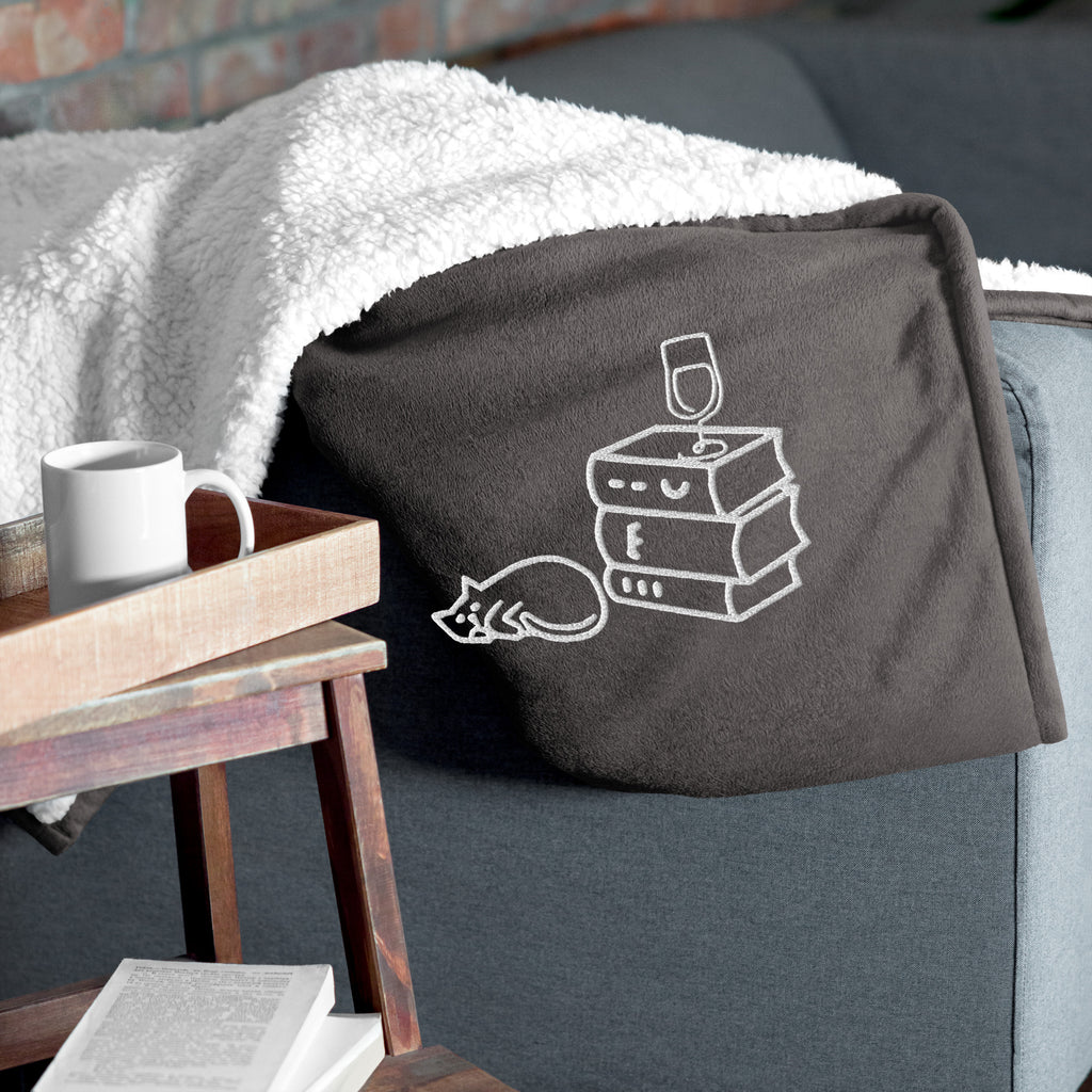 Books Wine Cats | Throw Blanket Premium Sherpa 50" x 60" Embroidered Super Soft Fuzzy Deluxe Plush Dual Sided Cozy Warm Gift Couch Bed