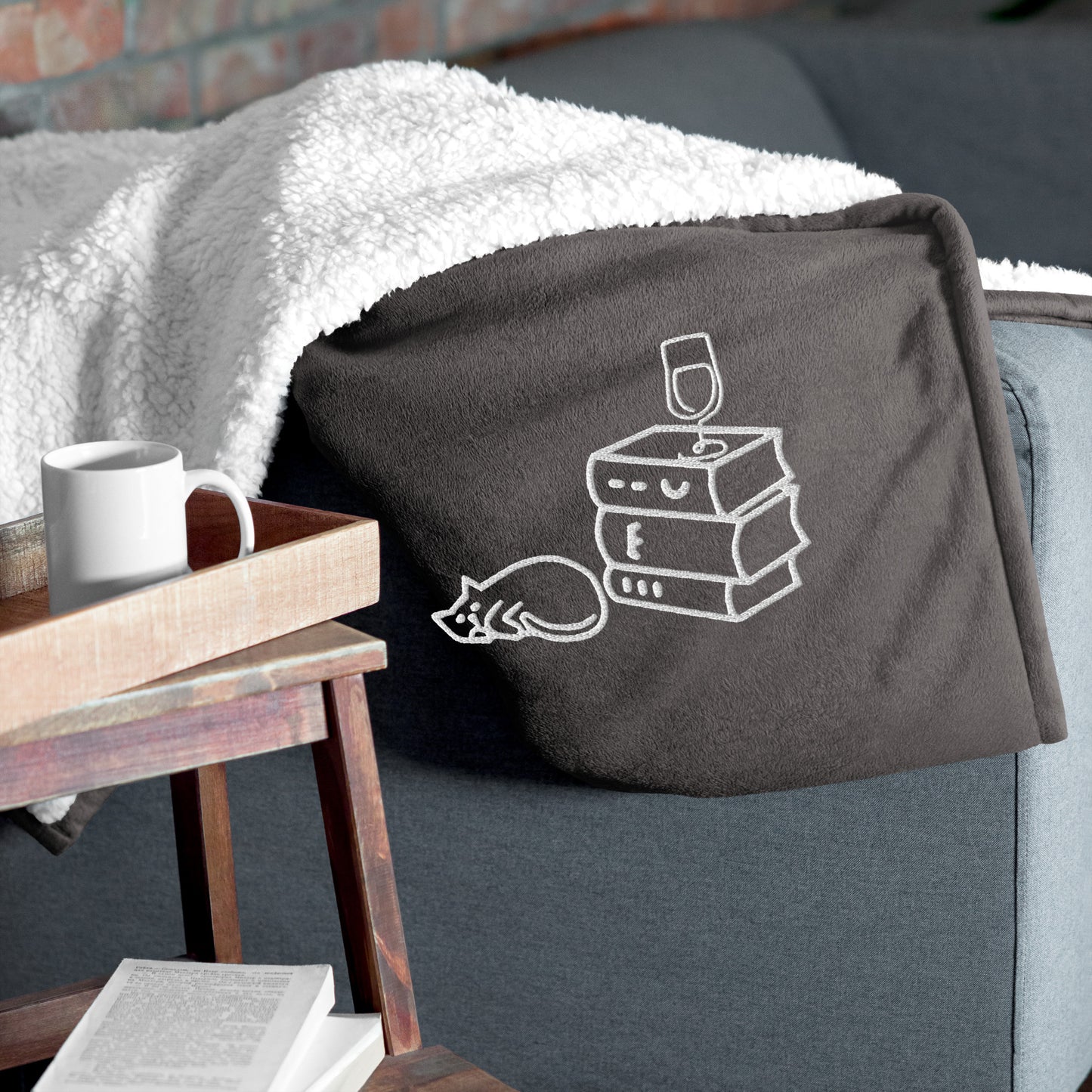 Books Cats Wine Premium Sherpa Throw Blanket 50" x 60" Embroidered Super Soft Fuzzy Deluxe Plush Dual Sided Cozy Warm Gift Couch Bed