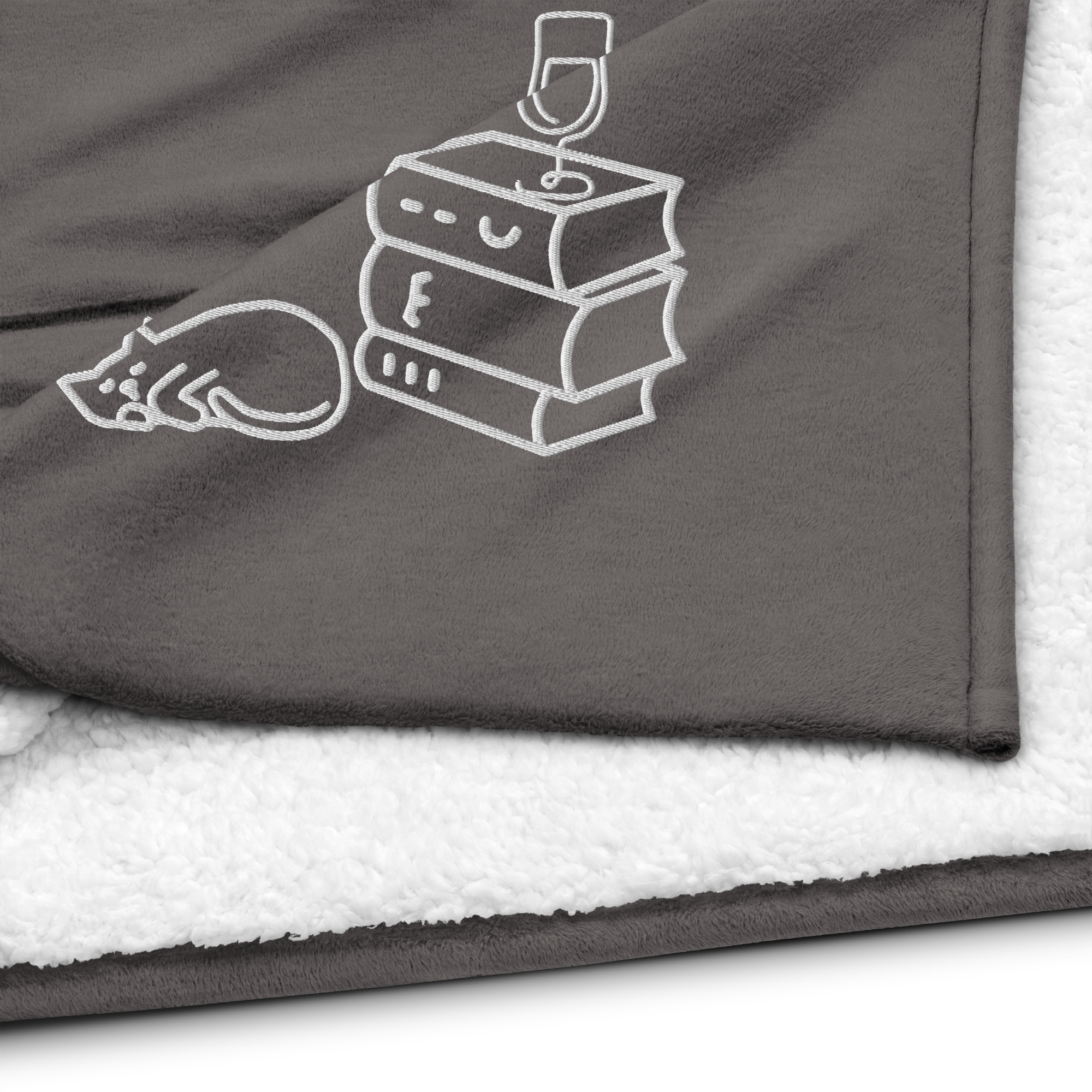 Books Wine Cats | Throw Blanket Premium Sherpa 50" x 60" Embroidered Super Soft Fuzzy Deluxe Plush Dual Sided Cozy Warm Gift Couch Bed