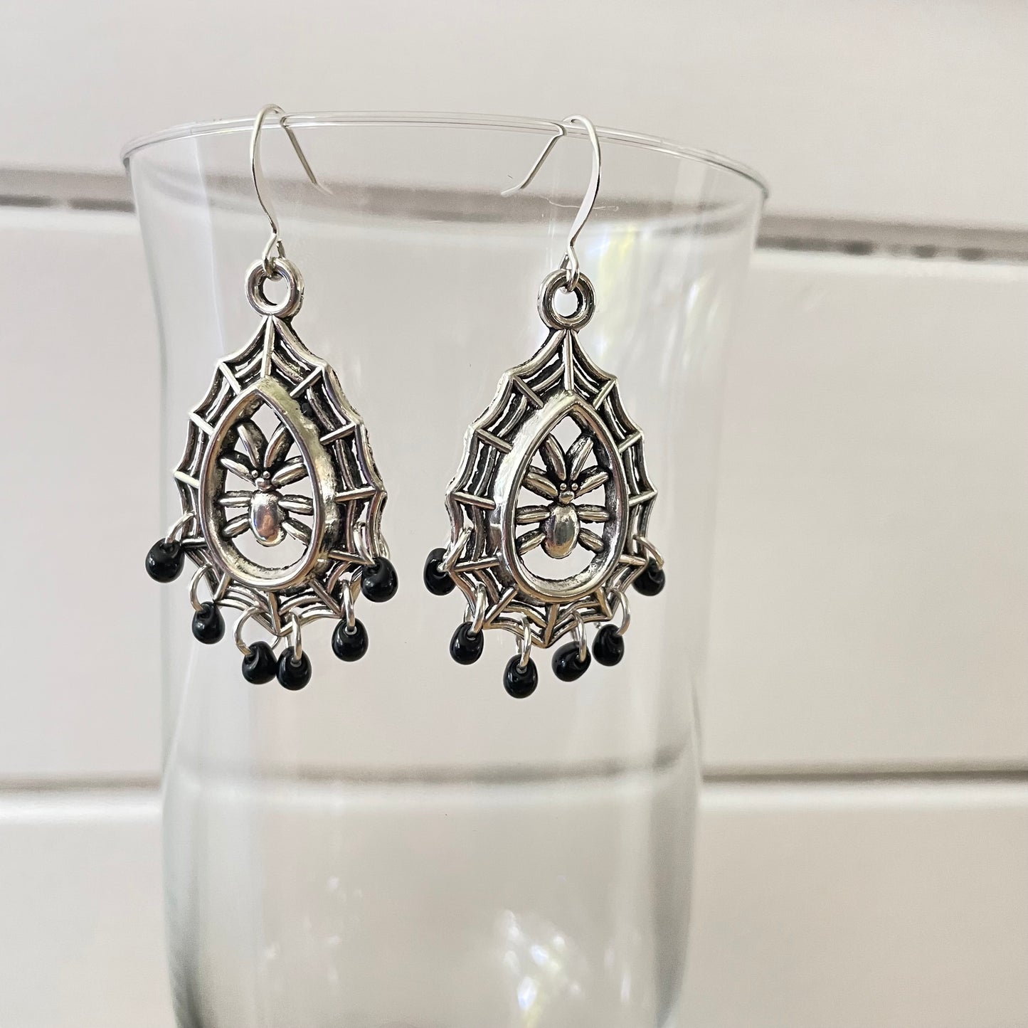 Mini Black Teardrop Glass & Spider Web Chandelier Earrings 2" Mixed Metal Halloween Women Gift Fashion Handmade Jewelry