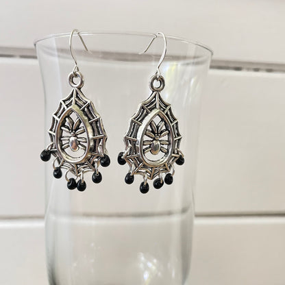Mini Black Teardrop Glass & Spider Web Chandelier Earrings 2" Mixed Metal Halloween Women Gift Fashion Handmade Jewelry