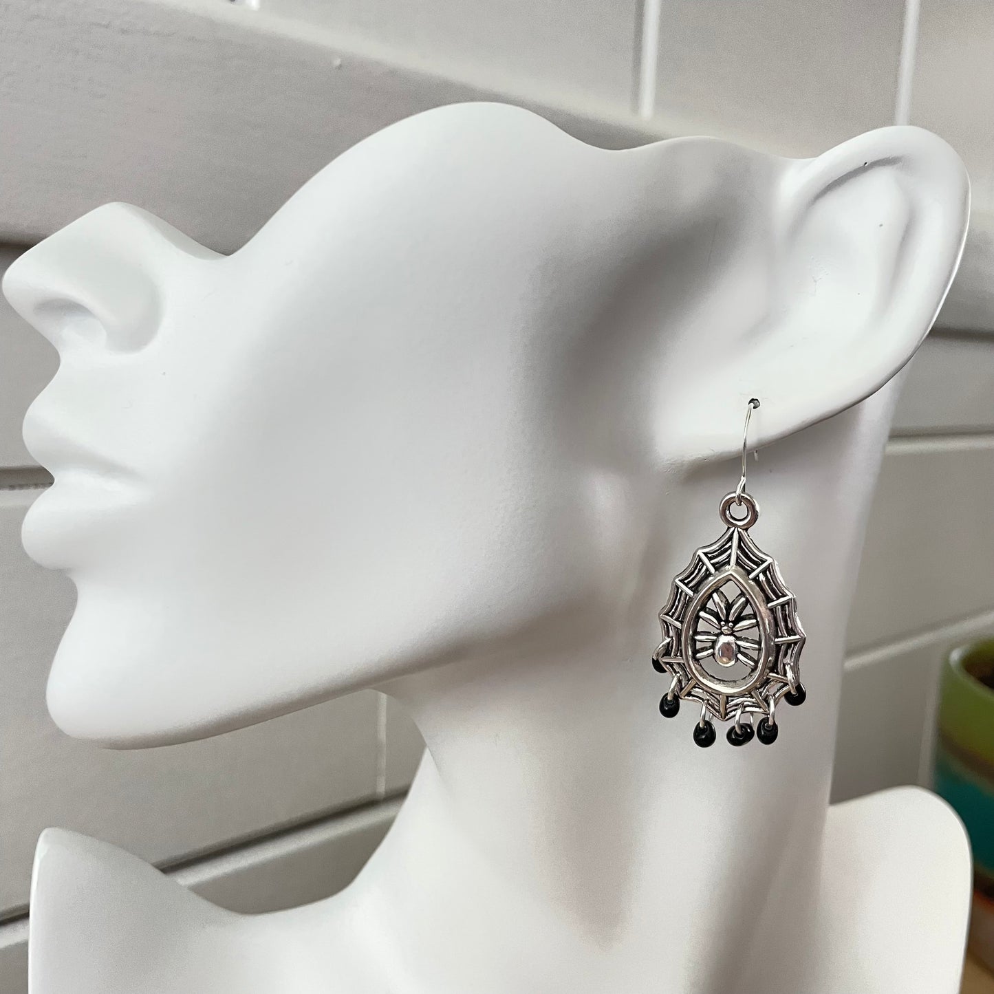 Mini Black Teardrop Glass & Spider Web Chandelier Earrings 2" Mixed Metal Halloween Women Gift Fashion Handmade Jewelry