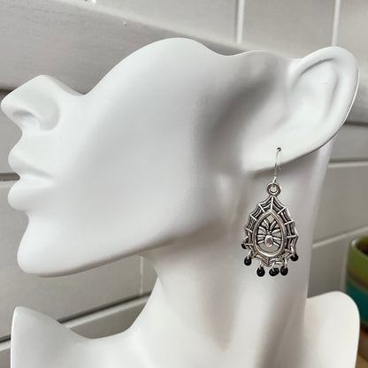 Mini Black Teardrop Glass & Spider Web Chandelier Earrings 2" Mixed Metal Halloween Women Gift Fashion Handmade Jewelry