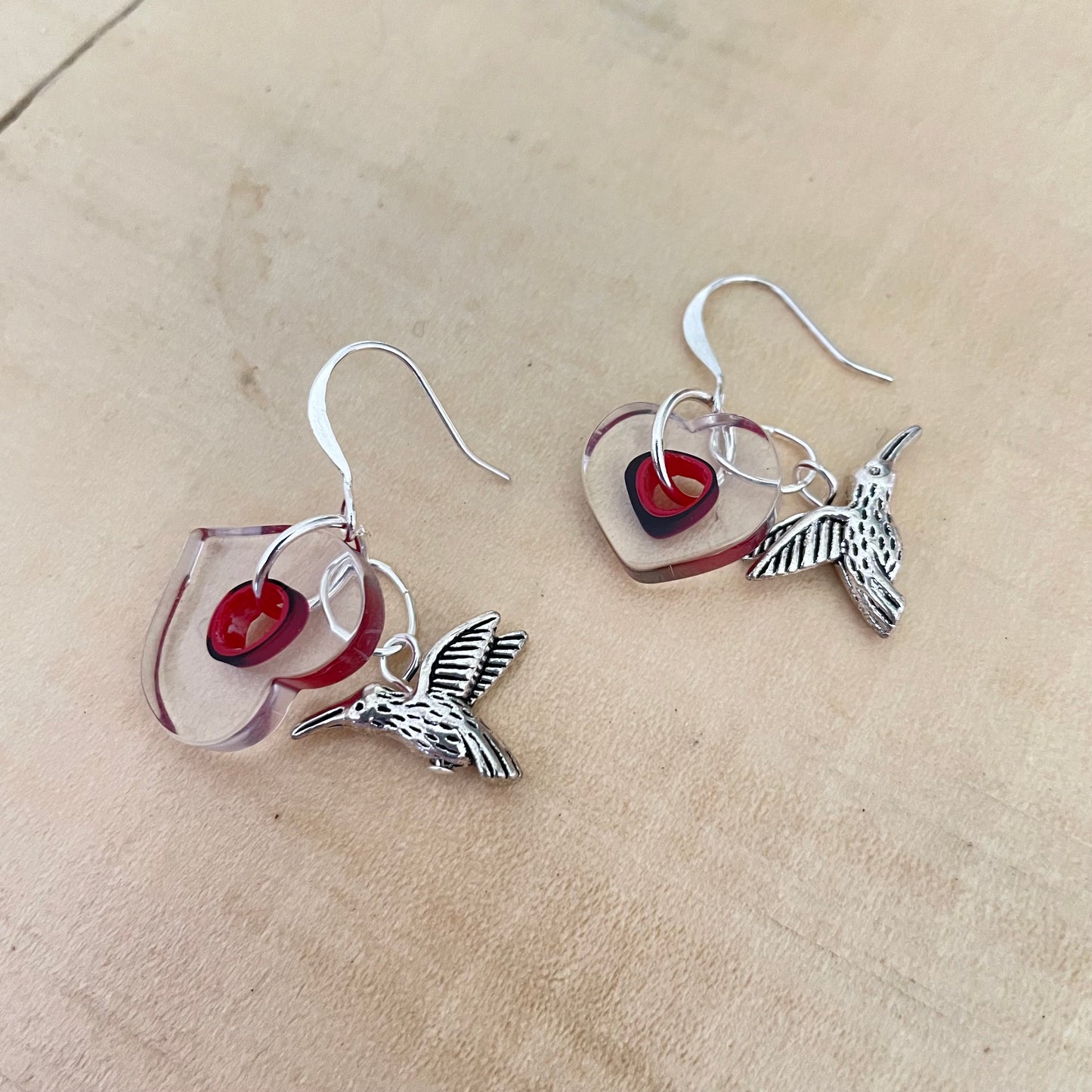 Handmade Antiqued Hummingbird & Cain Glass Heart Dangle Earrings 1.5" Red Black Clear Love Valentine's Bird