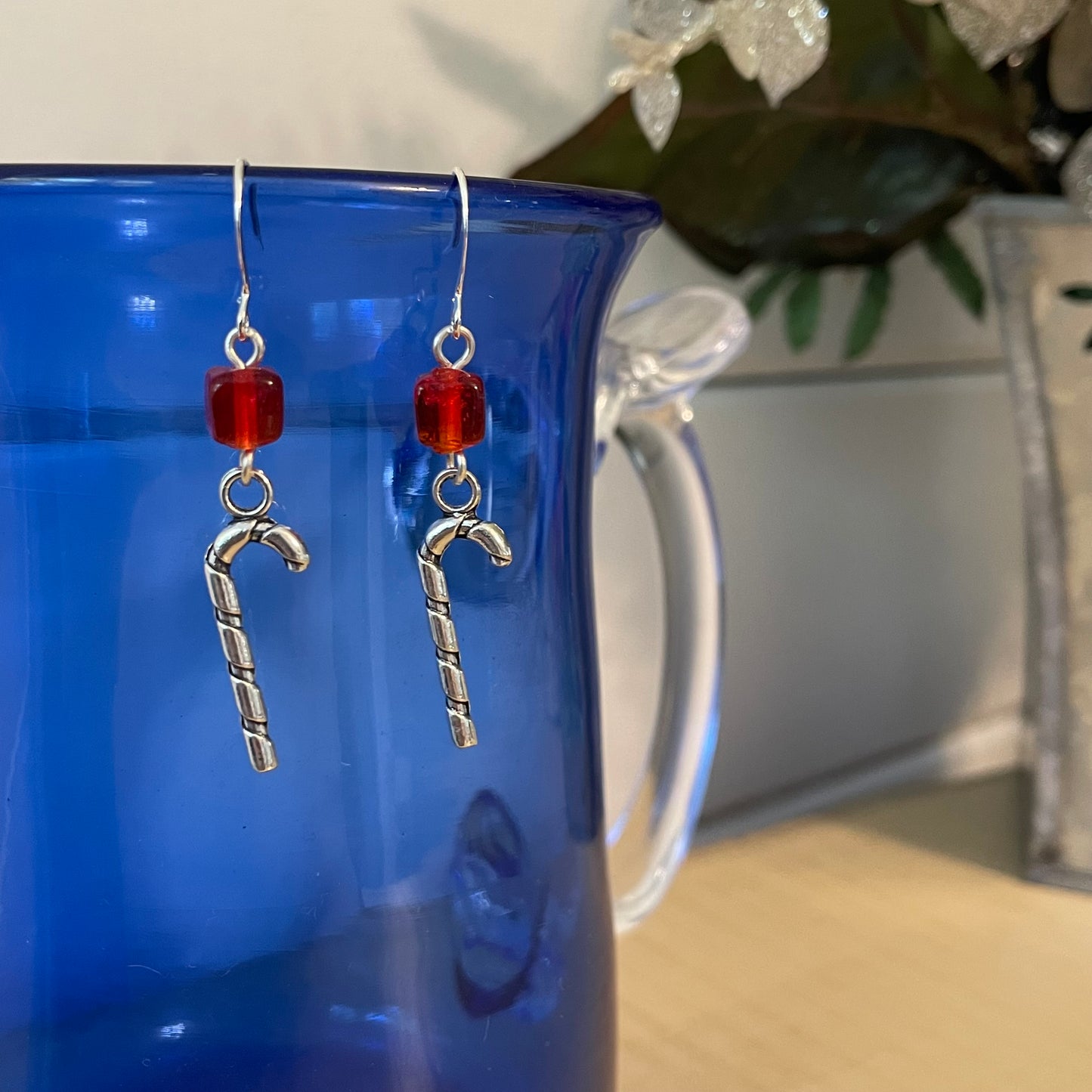 Candy Cane Charm & Square Red Glass Bead Earrings 2" Holiday Minimalist Christmas Stocking Filler Stuffer Gift