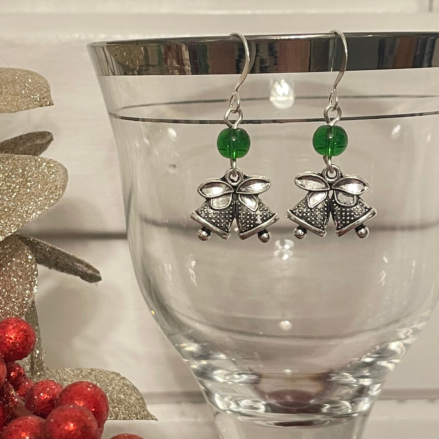 Handmade Bell Charm Earrings Round Bead Accent Holiday Christmas Stocking December Secret Santa Mixed Metal Green Glass