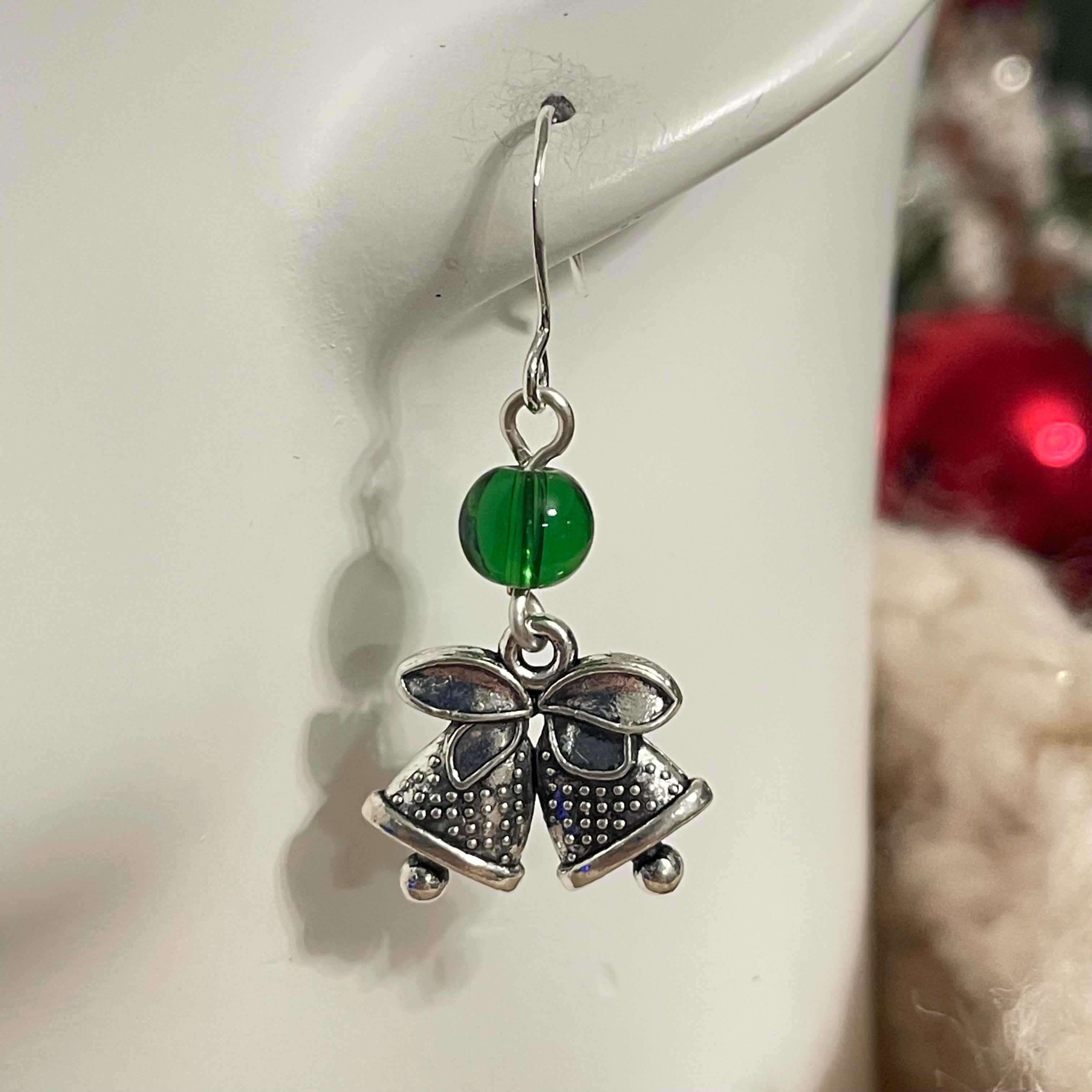 Handmade Bell Charm Earrings Round Bead Accent Holiday Christmas Stocking December Secret Santa Mixed Metal Green Glass