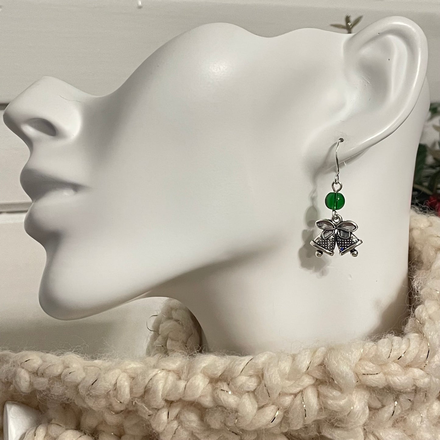 Handmade Bell Charm Earrings Round Bead Accent Holiday Christmas Stocking December Secret Santa Mixed Metal Green Glass
