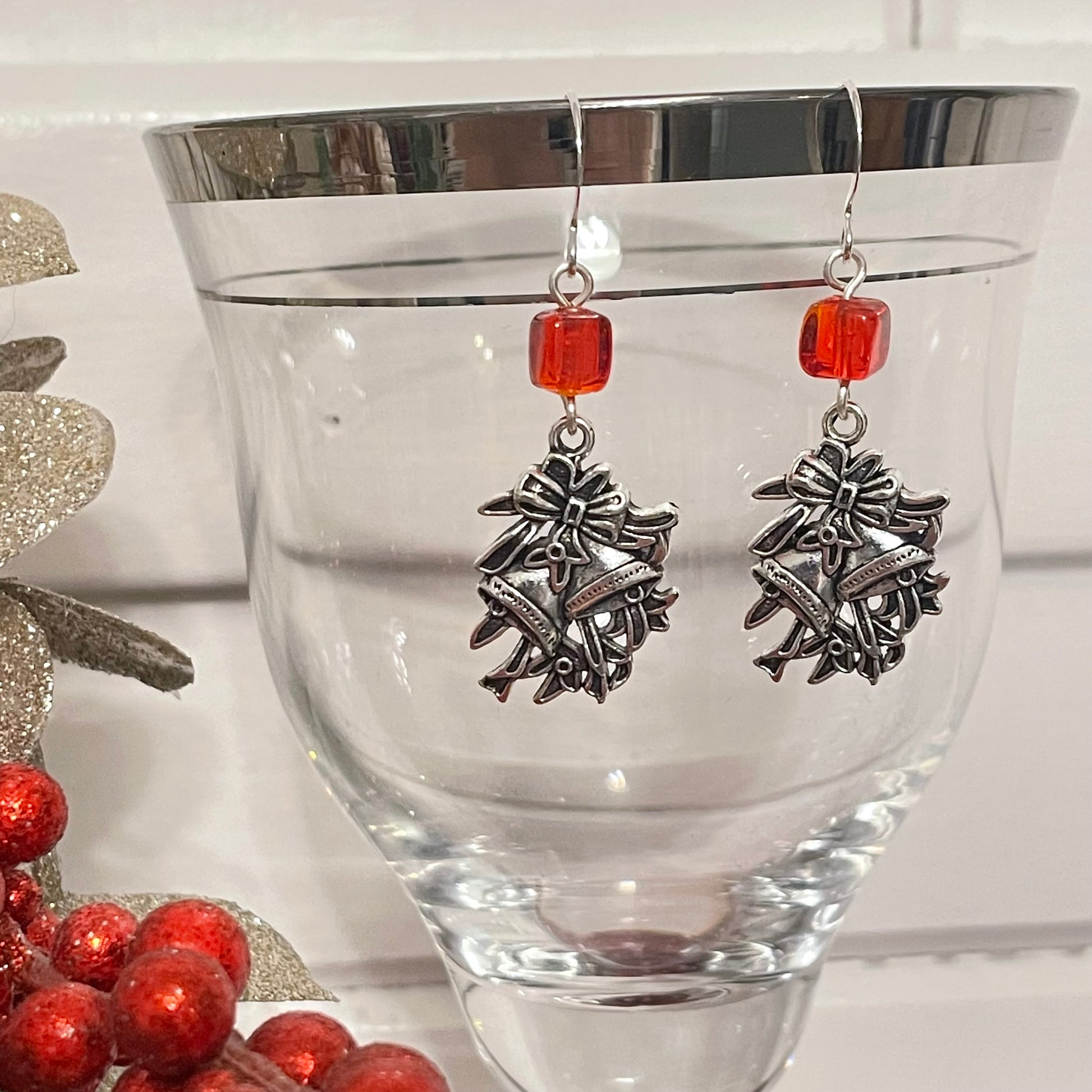 Handmade Bell Charm Earrings Square Bead Accent Holiday Christmas Stocking December Secret Santa Mixed Metal Red Glass
