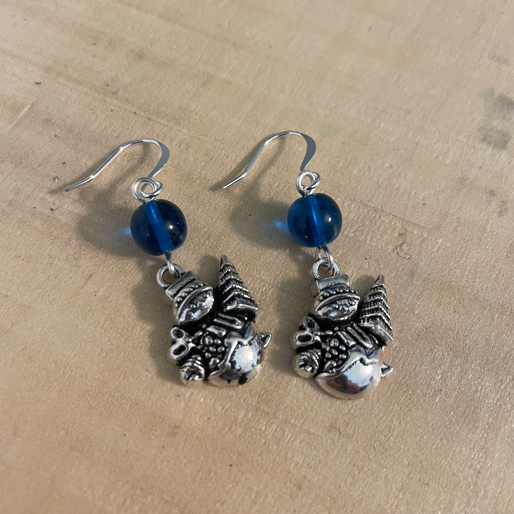 Snowman Holding Tree Charm & Round Blue Bead Earrings 1.75" Mixed Metal Glass Winter Snow Frosty Fun Holiday