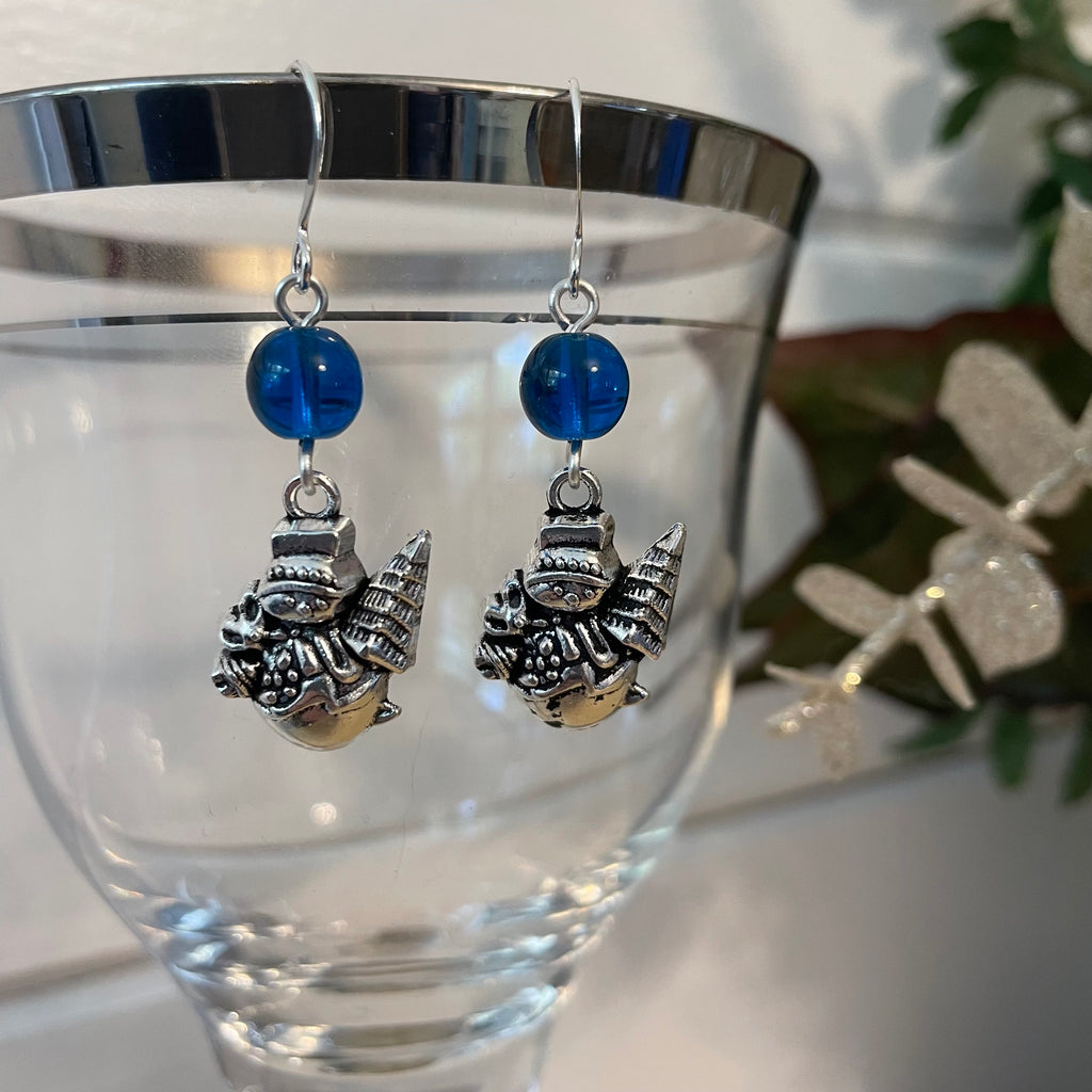 Snowman Holding Tree Charm & Round Blue Bead Earrings 1.75" Mixed Metal Glass Winter Snow Frosty Fun Holiday