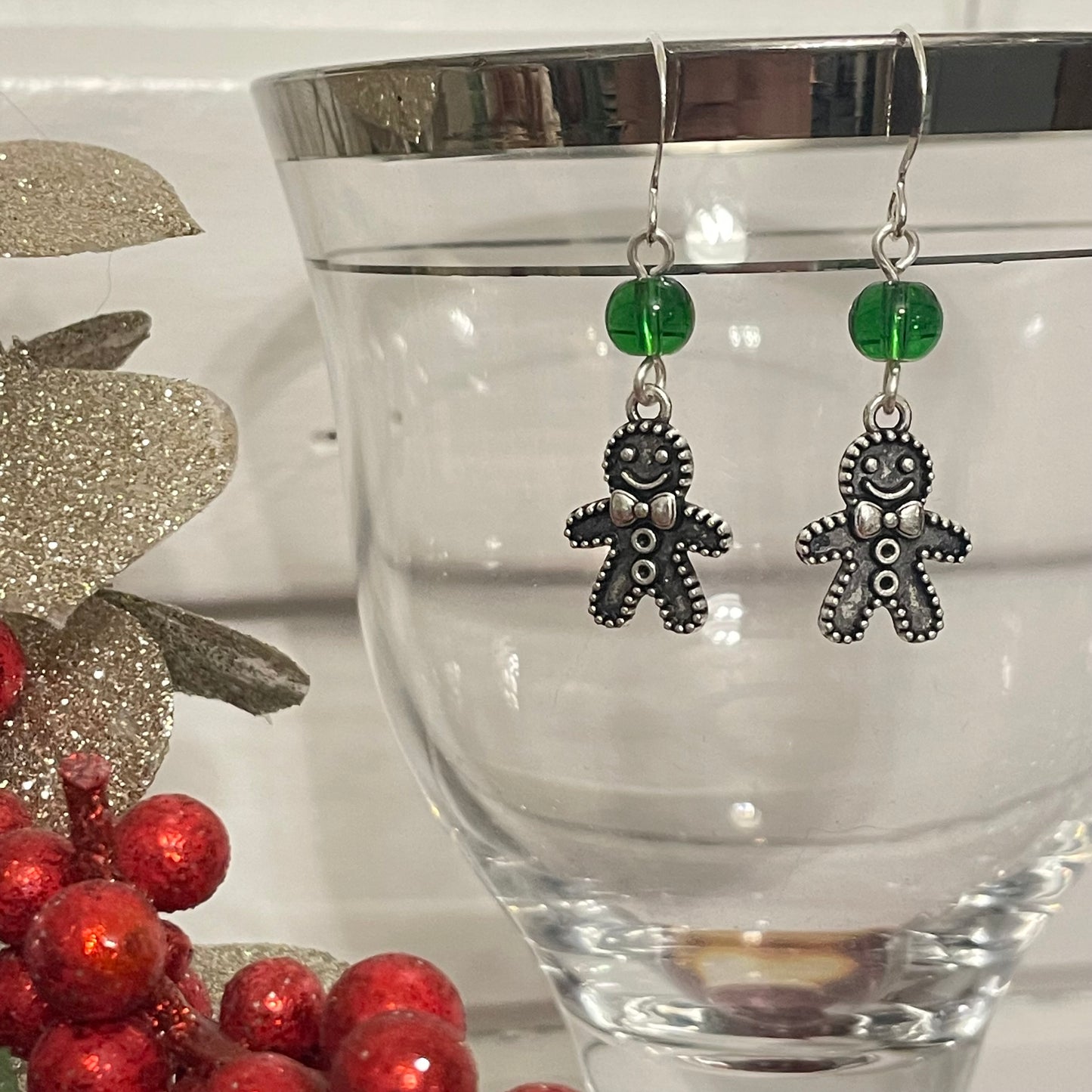 Handmade Gingerbread Charm Earrings Round Bead Accent Holiday Christmas Stocking December Secret Santa Mixed Metal Green Glass