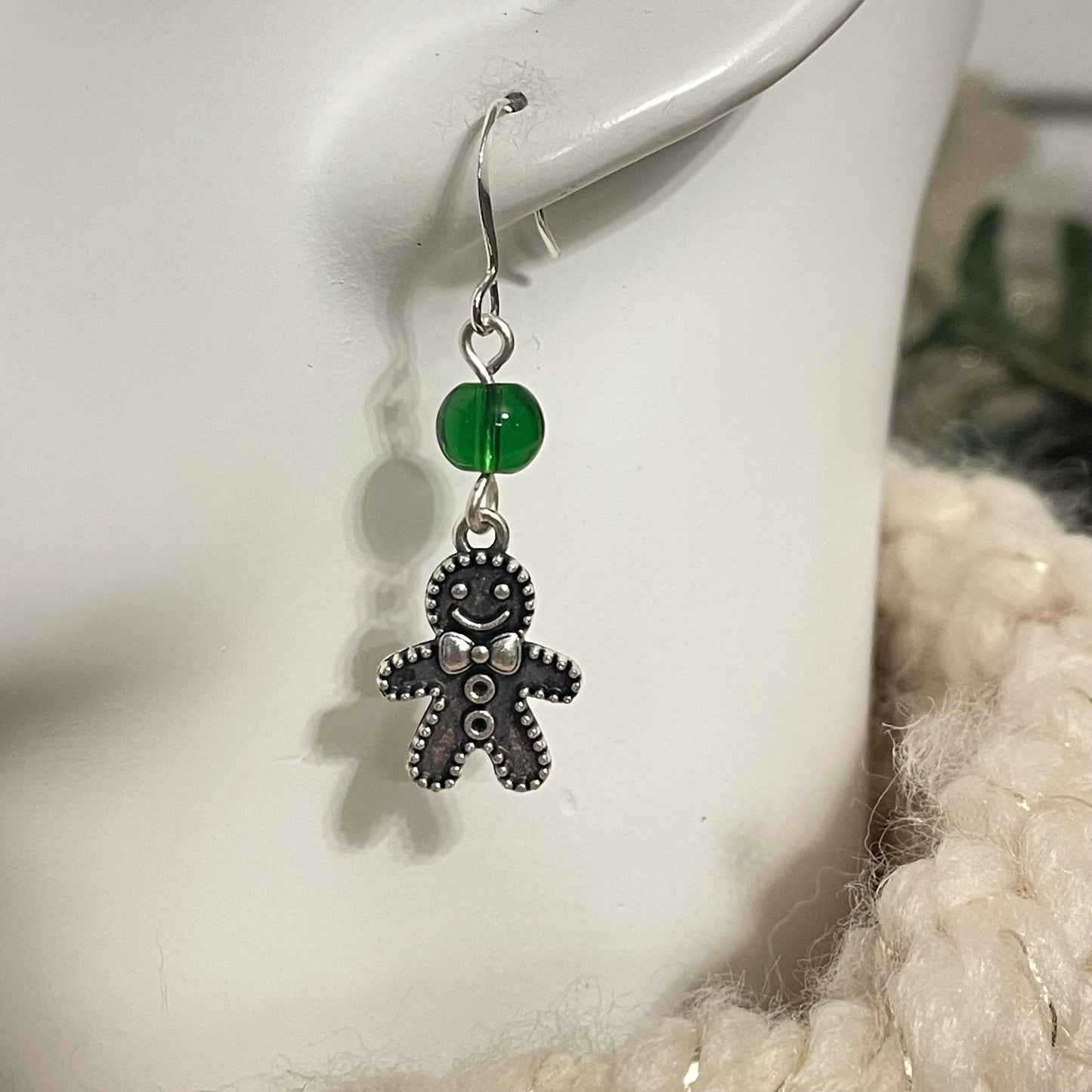 Handmade Gingerbread Charm Earrings Round Bead Accent Holiday Christmas Stocking December Secret Santa Mixed Metal Green Glass