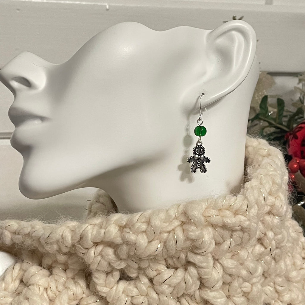 Handmade Gingerbread Charm Earrings Round Bead Accent Holiday Christmas Stocking December Secret Santa Mixed Metal Green Glass