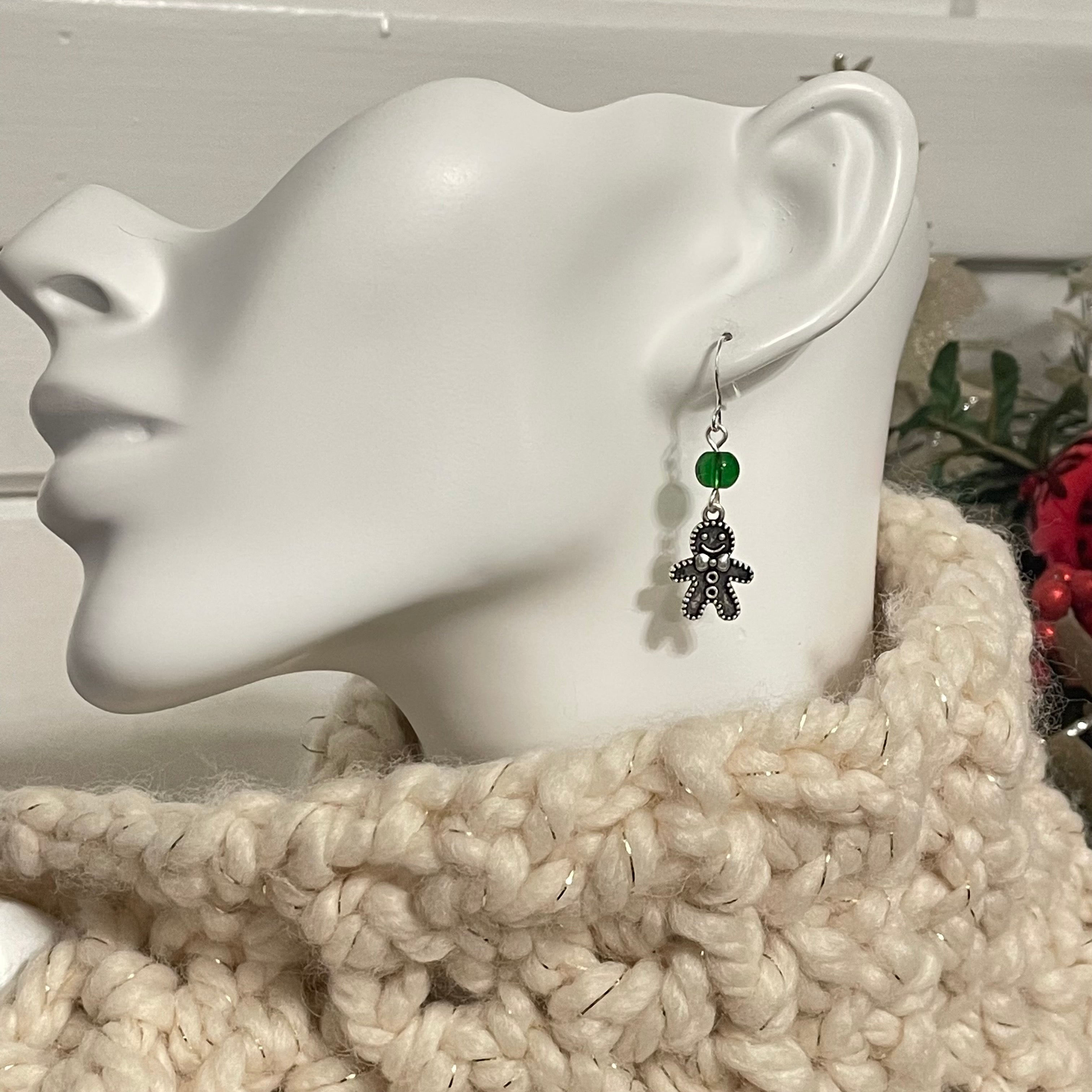 Handmade Gingerbread Charm Earrings Round Bead Accent Holiday Christmas Stocking December Secret Santa Mixed Metal Green Glass