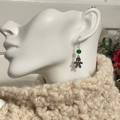 Handmade Gingerbread Charm Earrings Round Bead Accent Holiday Christmas Stocking December Secret Santa Mixed Metal Green Glass