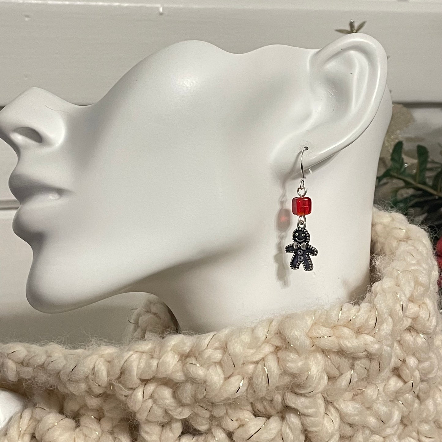 Handmade Gingerbread Charm Earrings Square Bead Accent Holiday Christmas Stocking December Secret Santa Mixed Metal Red Glass