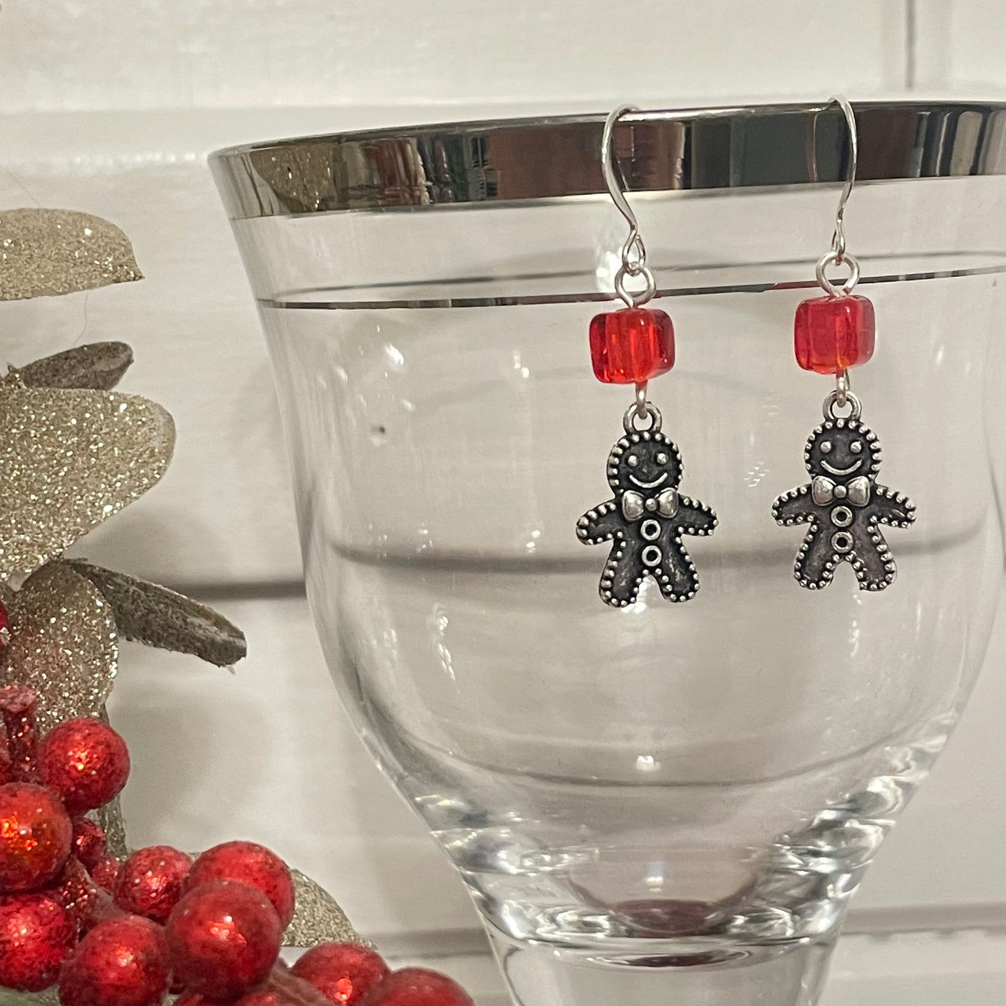 Handmade Gingerbread Charm Earrings Square Bead Accent Holiday Christmas Stocking December Secret Santa Mixed Metal Red Glass