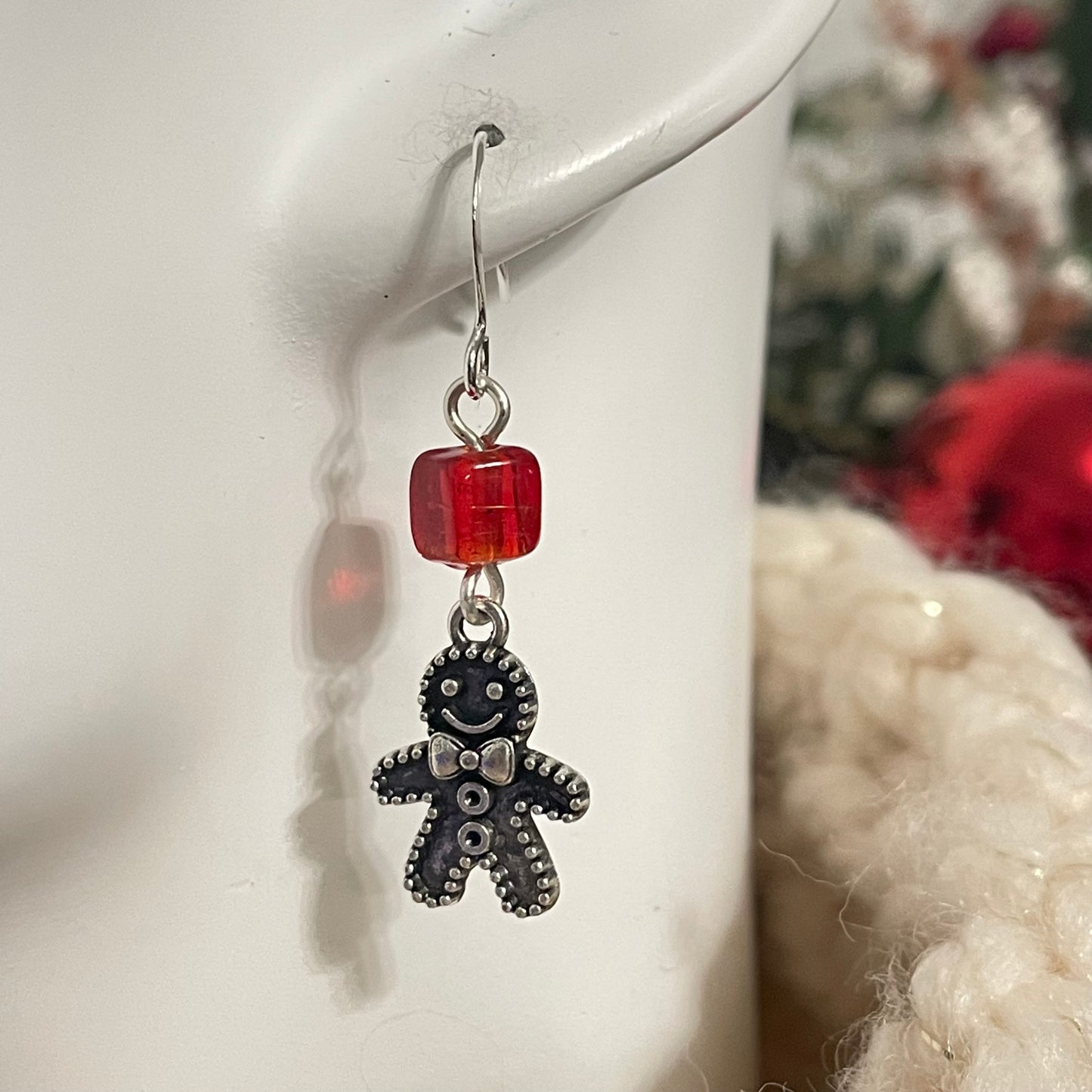 Handmade Gingerbread Charm Earrings Square Bead Accent Holiday Christmas Stocking December Secret Santa Mixed Metal Red Glass