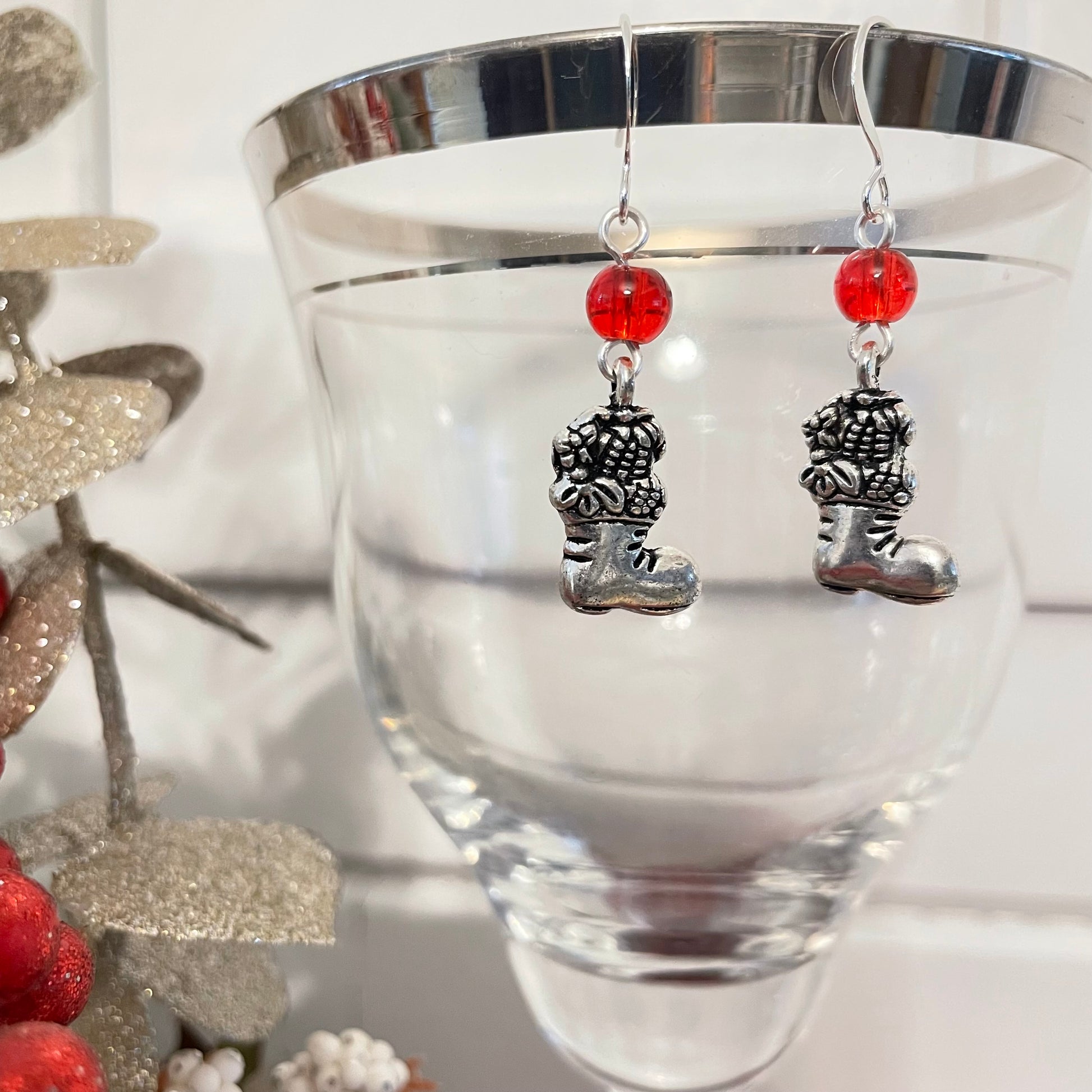 Handmade Christmas Stocking Charm Earrings Red Glass Bead Accent Mixed Metal Holiday Secret Santa Gift Idea