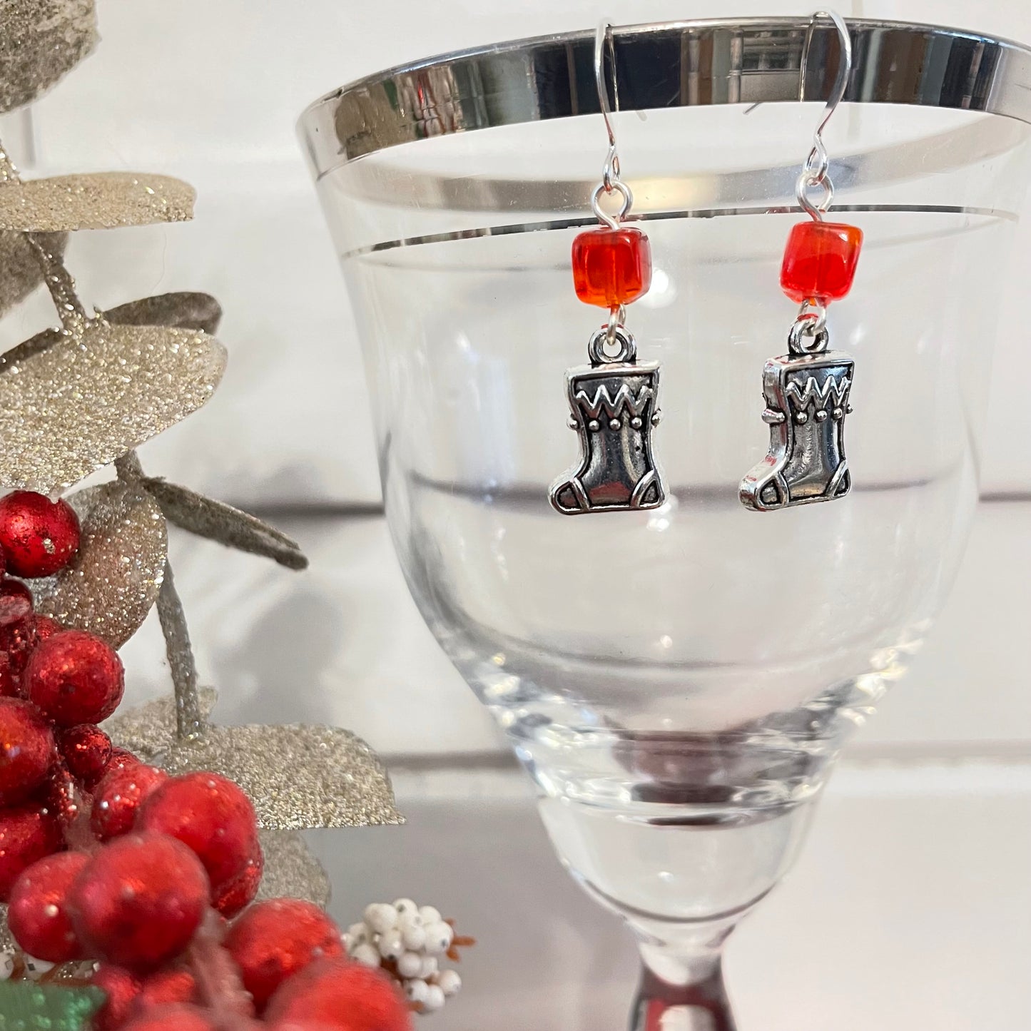 Handmade Christmas Stocking Charm Earrings Square Red Glass Bead Accent Mixed Metal Secret Santa Gift Casual Holiday Party