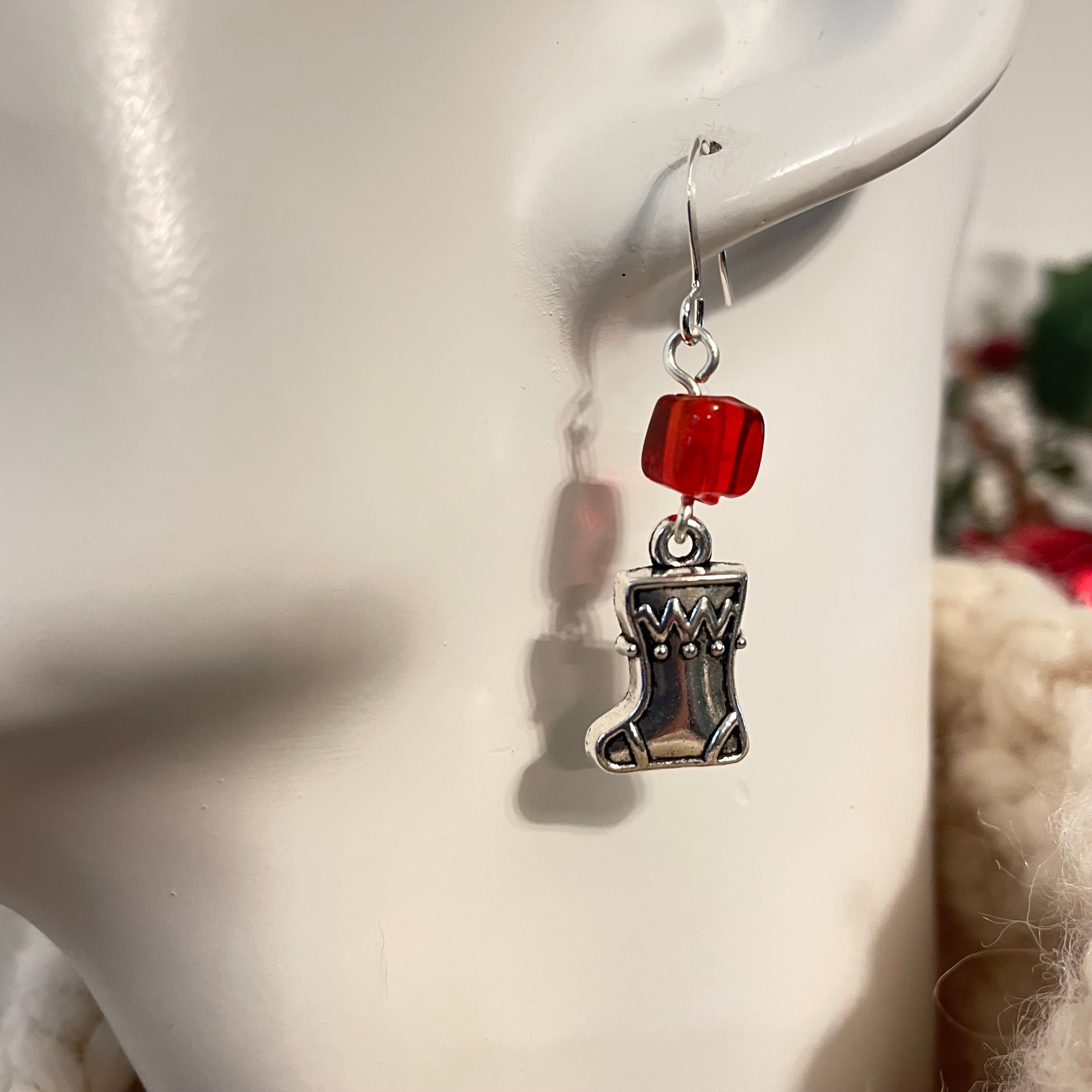 Handmade Christmas Stocking Charm Earrings Square Red Glass Bead Accent Mixed Metal Secret Santa Gift Casual Holiday Party